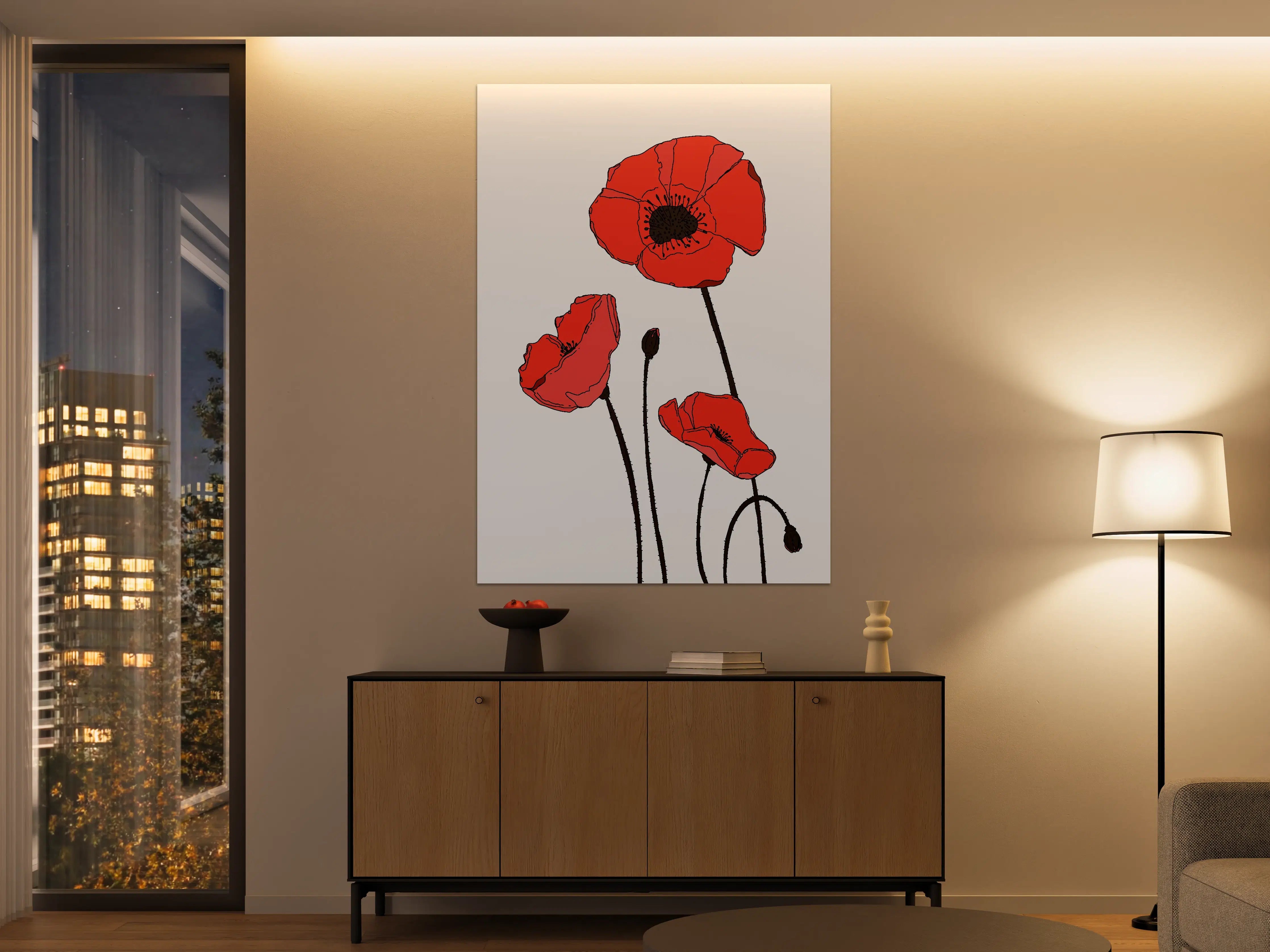 Große Wandbilder - Graue Schatten, rote Mohnblumen
