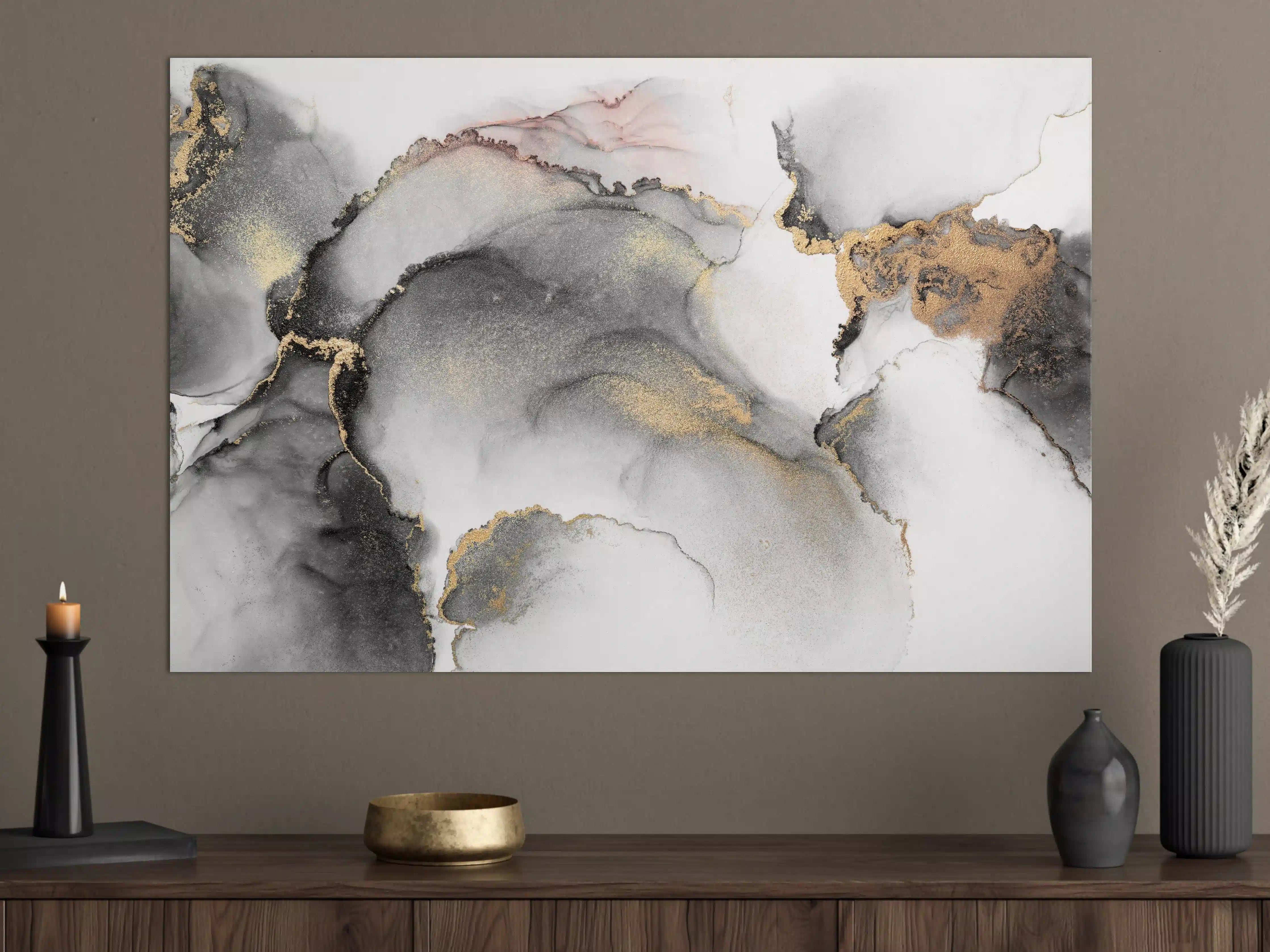 Große Wandbilder - Graue Wasserfarben-Kunst mit Goldakzenten