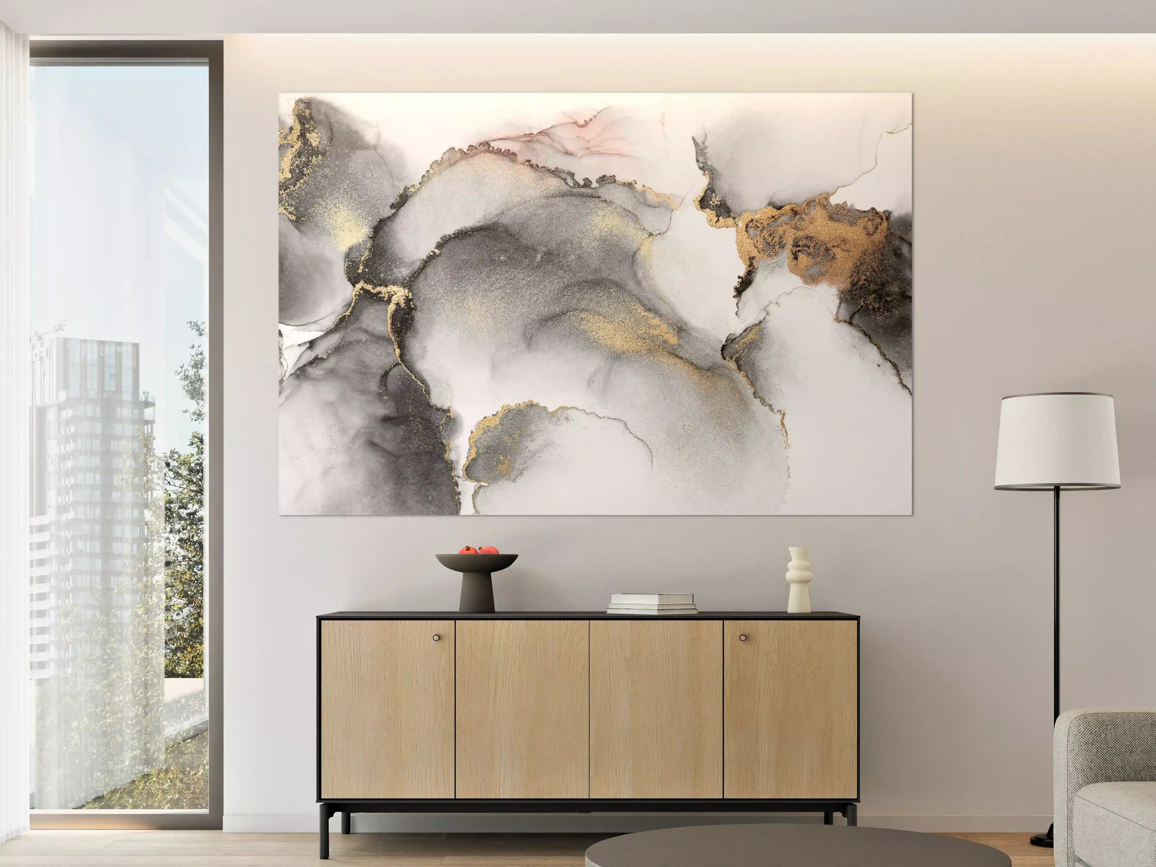 Große Wandbilder - Graue Wasserfarben-Kunst mit Goldakzenten