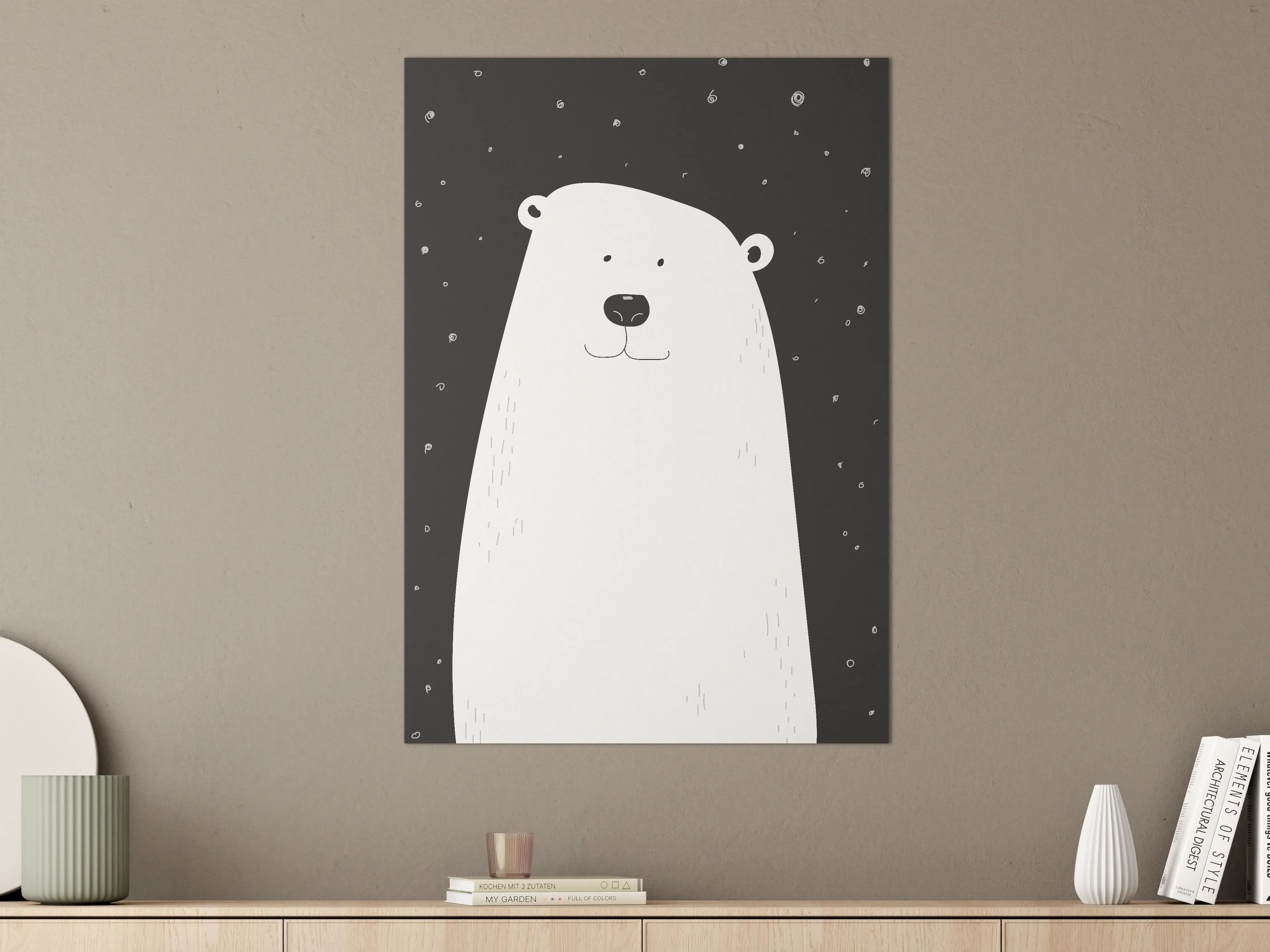 Große Wandbilder - Grauer Bär auf schwarzem Hintergrund mit Schneeflocken