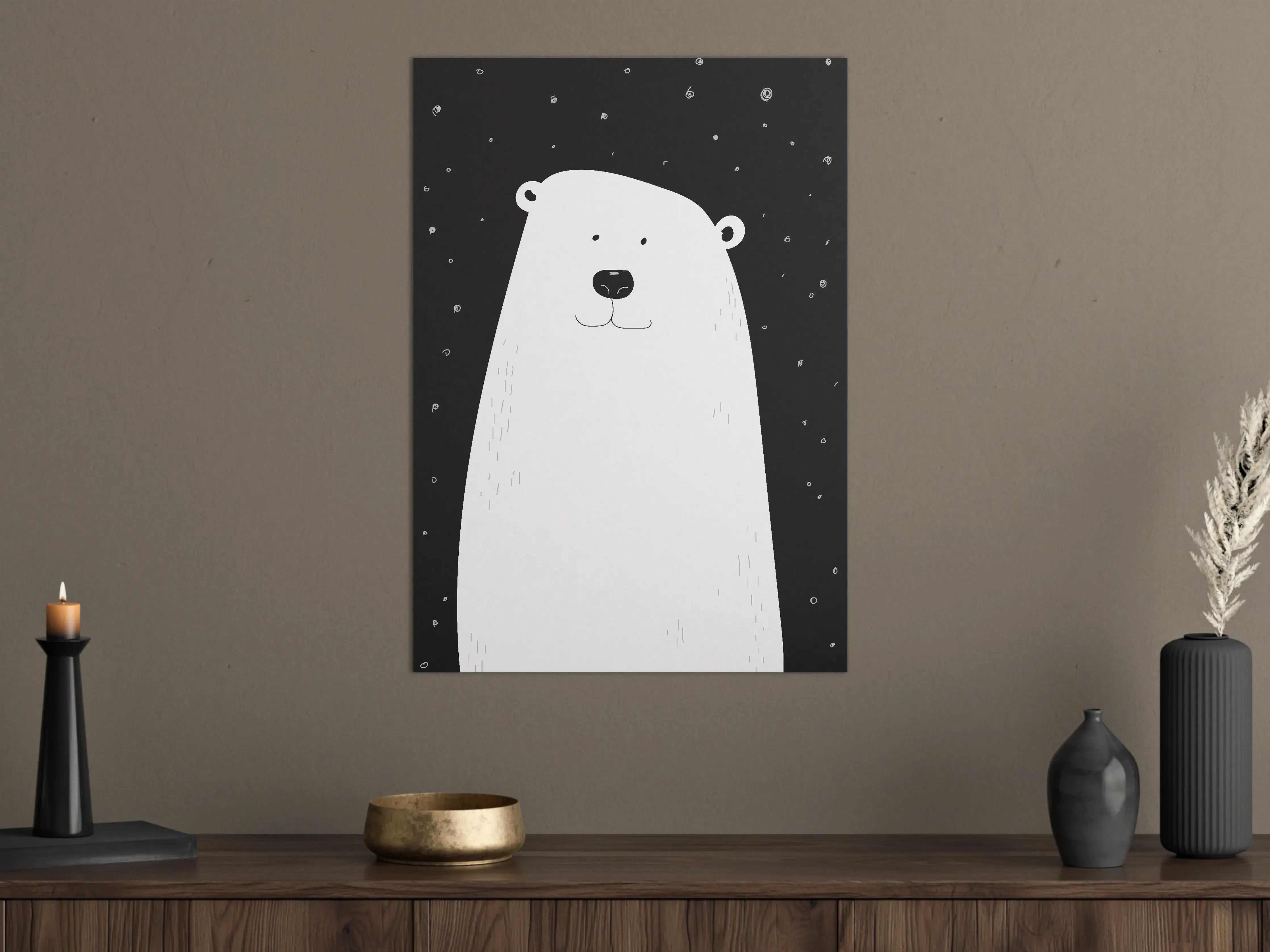 Große Wandbilder - Grauer Bär auf schwarzem Hintergrund mit Schneeflocken