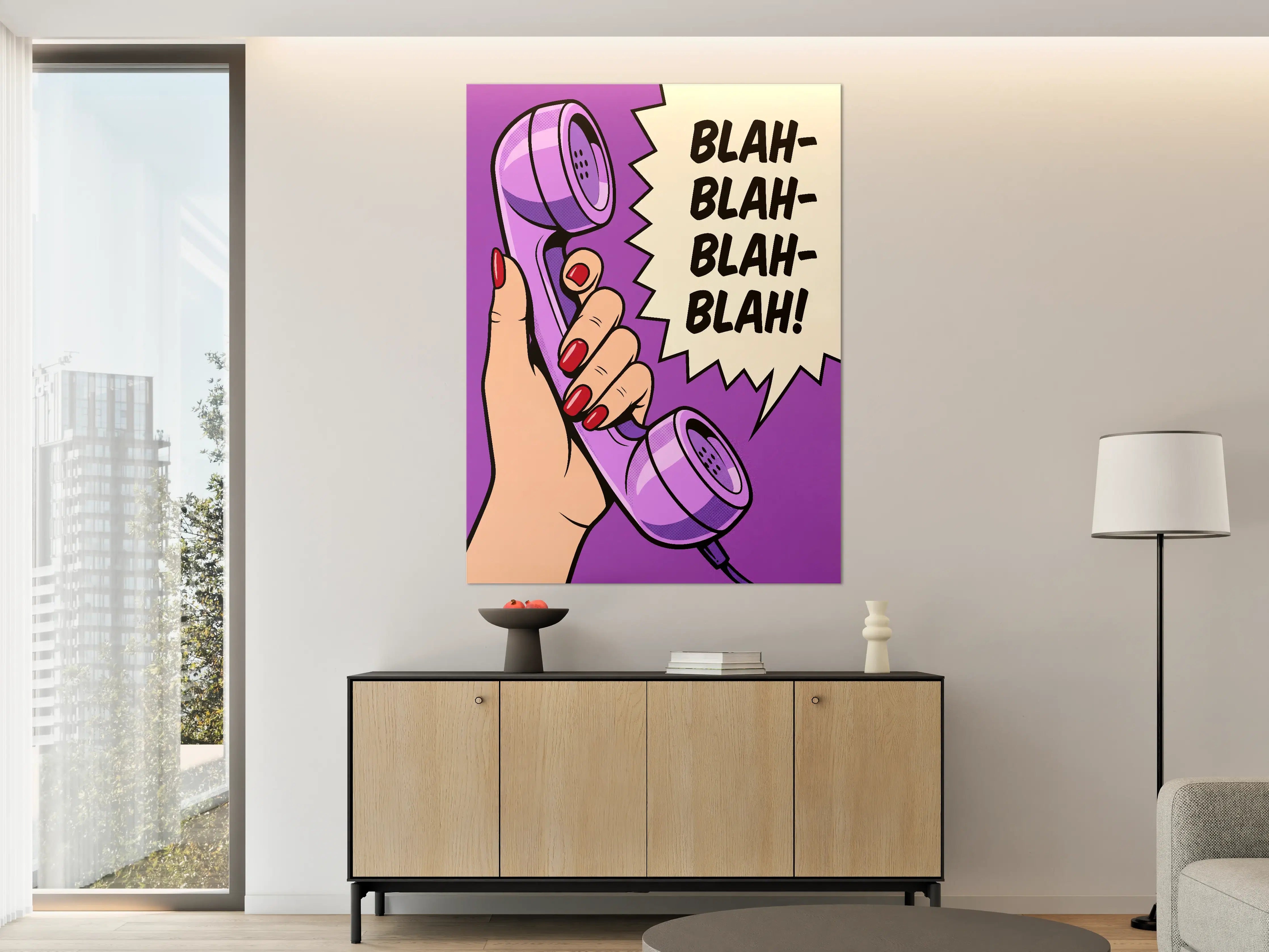 Große Wandbilder - Grauer Pop-Art Telefon mit Sprechblase