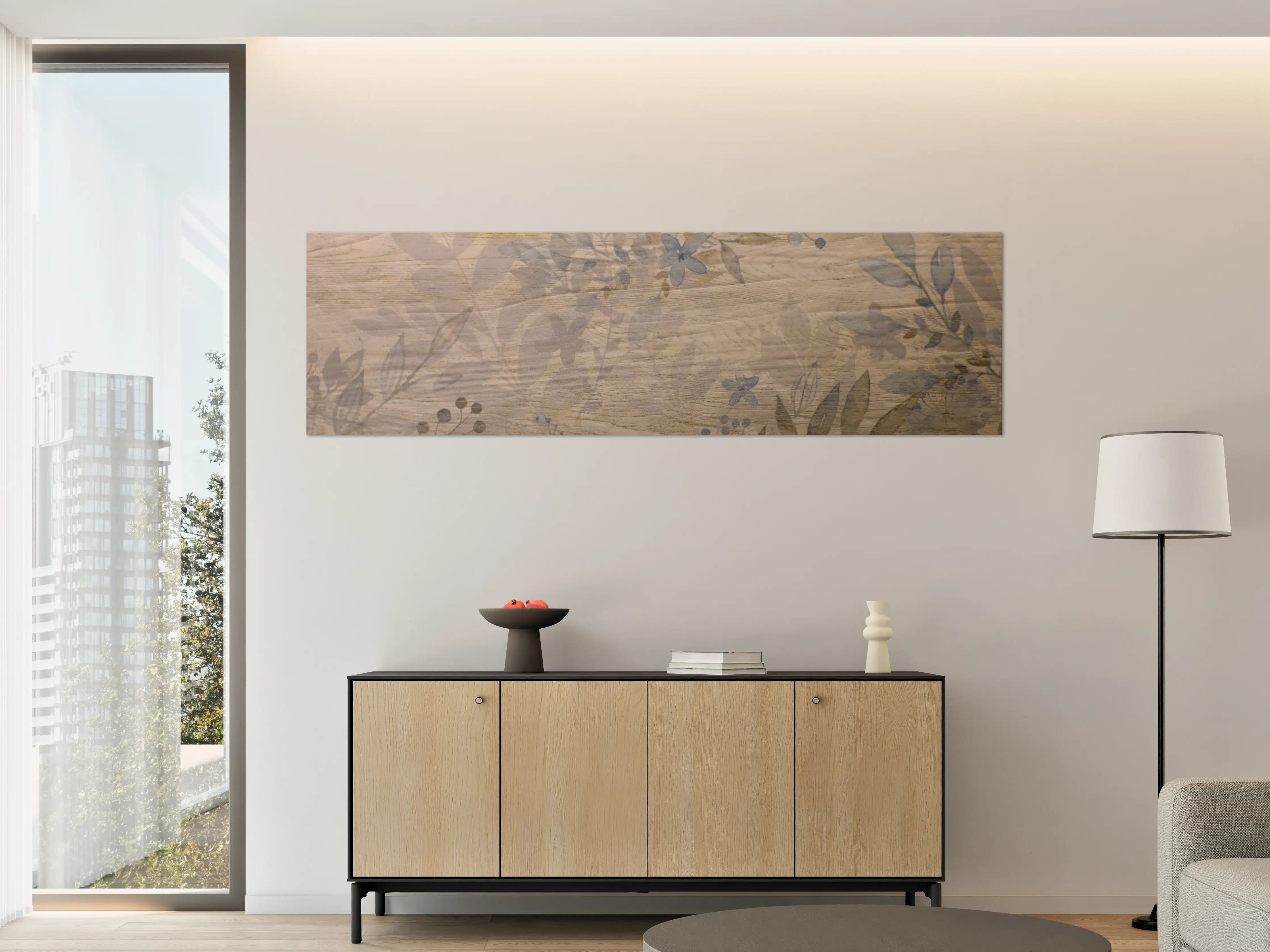 Große Wandbilder - Graues Holz mit Blumenmuster