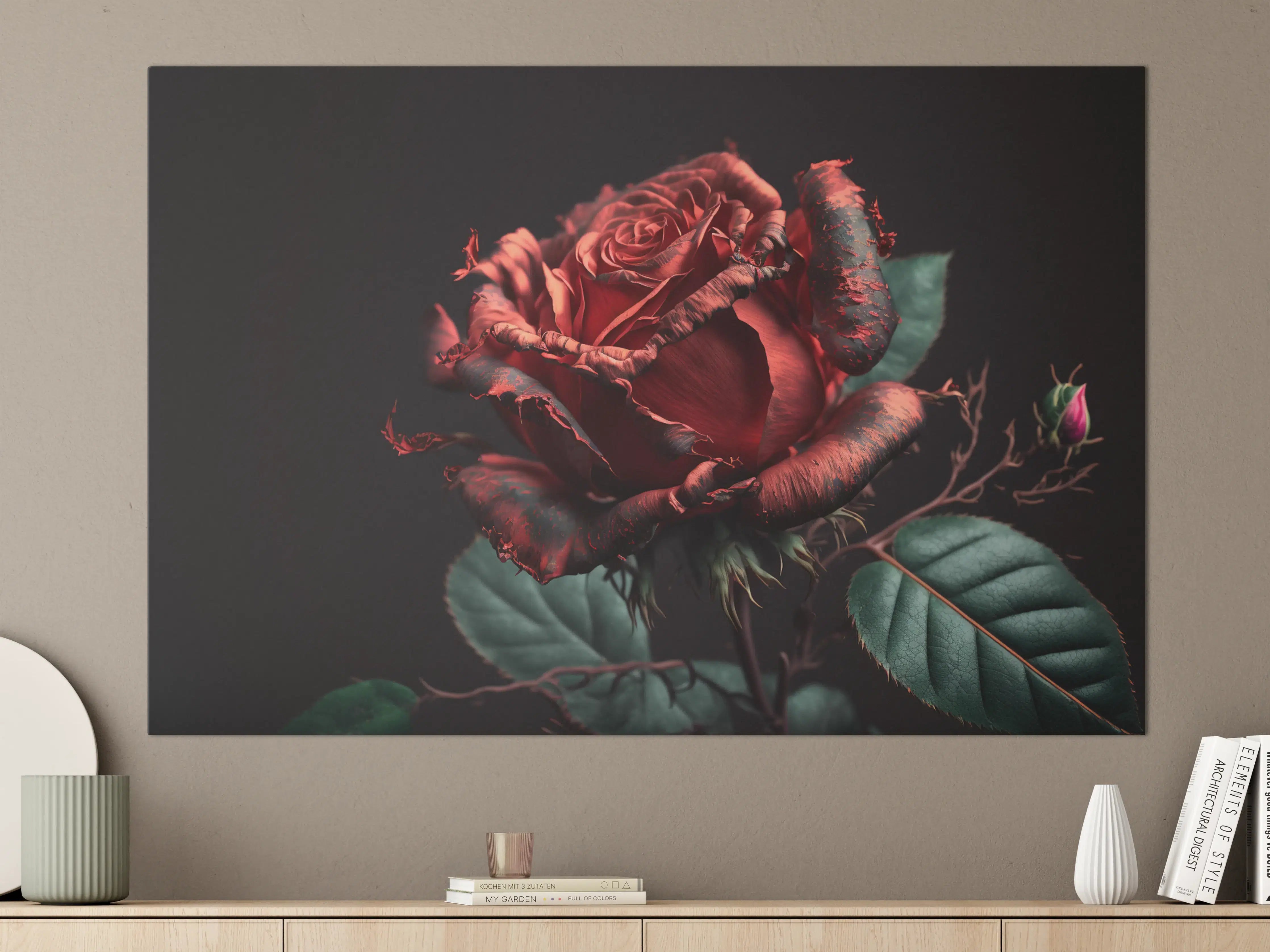 Große Wandbilder - Graues Silberne Rose mit Grünen Blättern