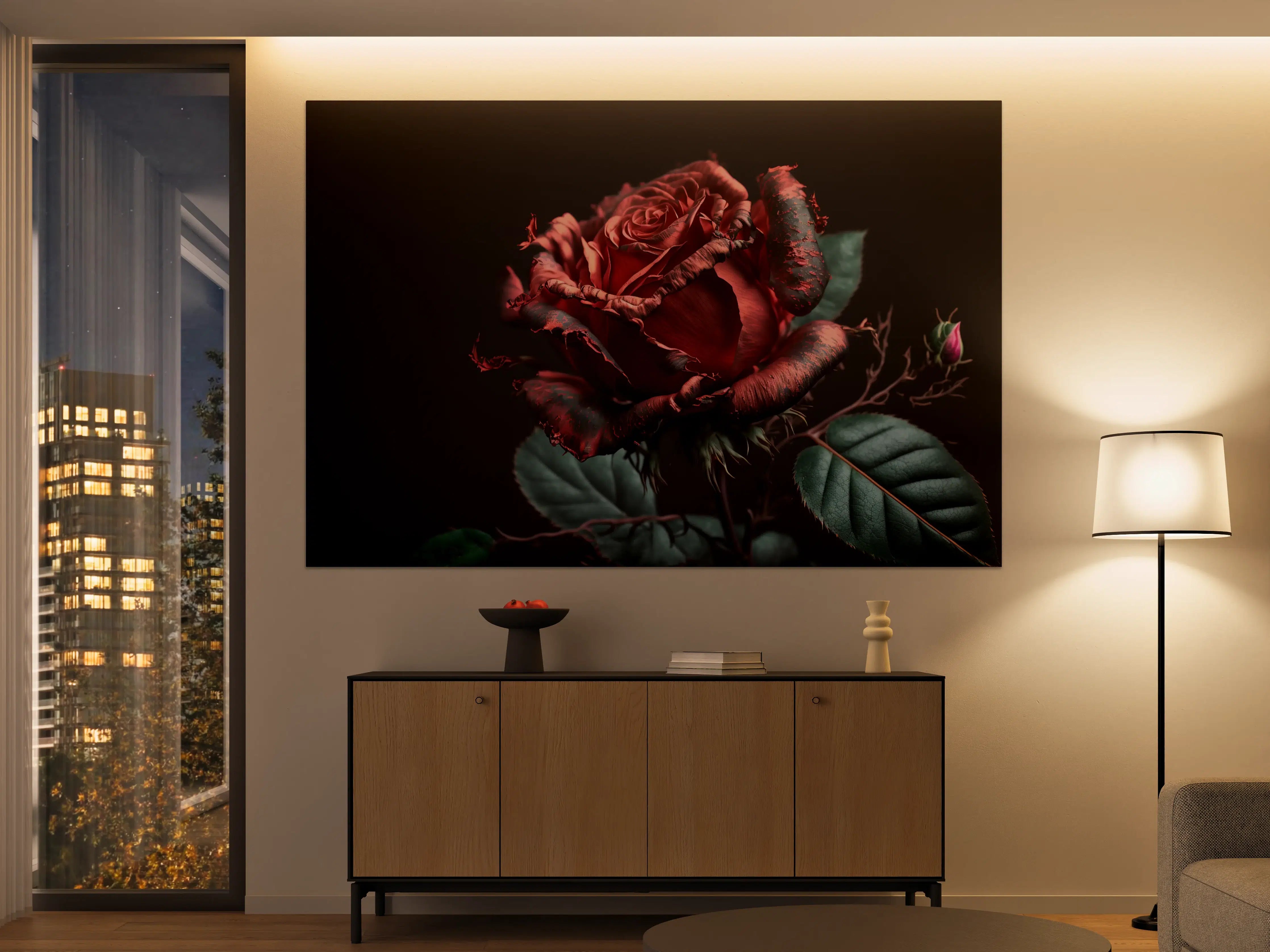 Große Wandbilder - Graues Silberne Rose mit Grünen Blättern
