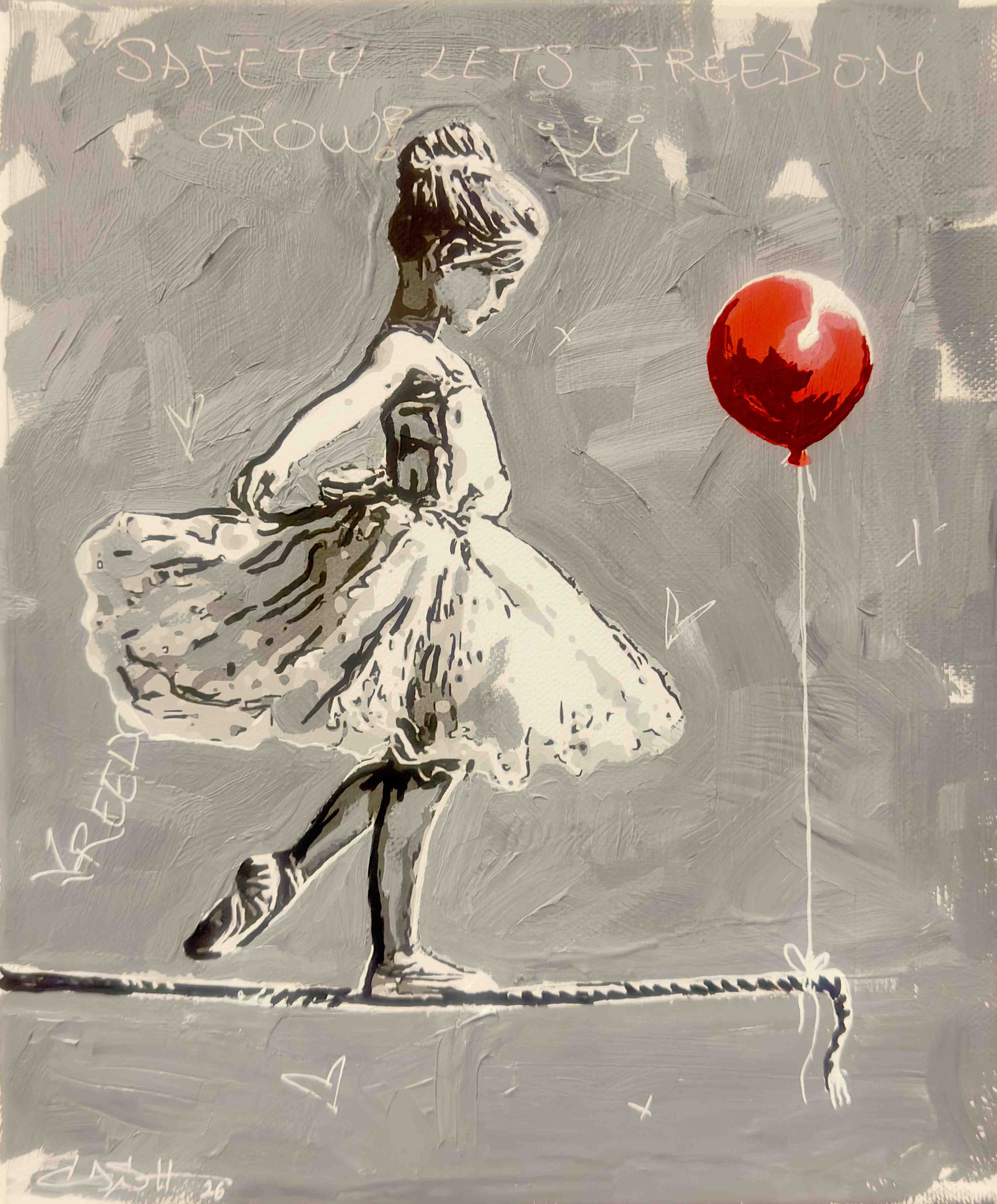 Große Wandbilder-Graues Street Art Mädchen mit rotem Ballon