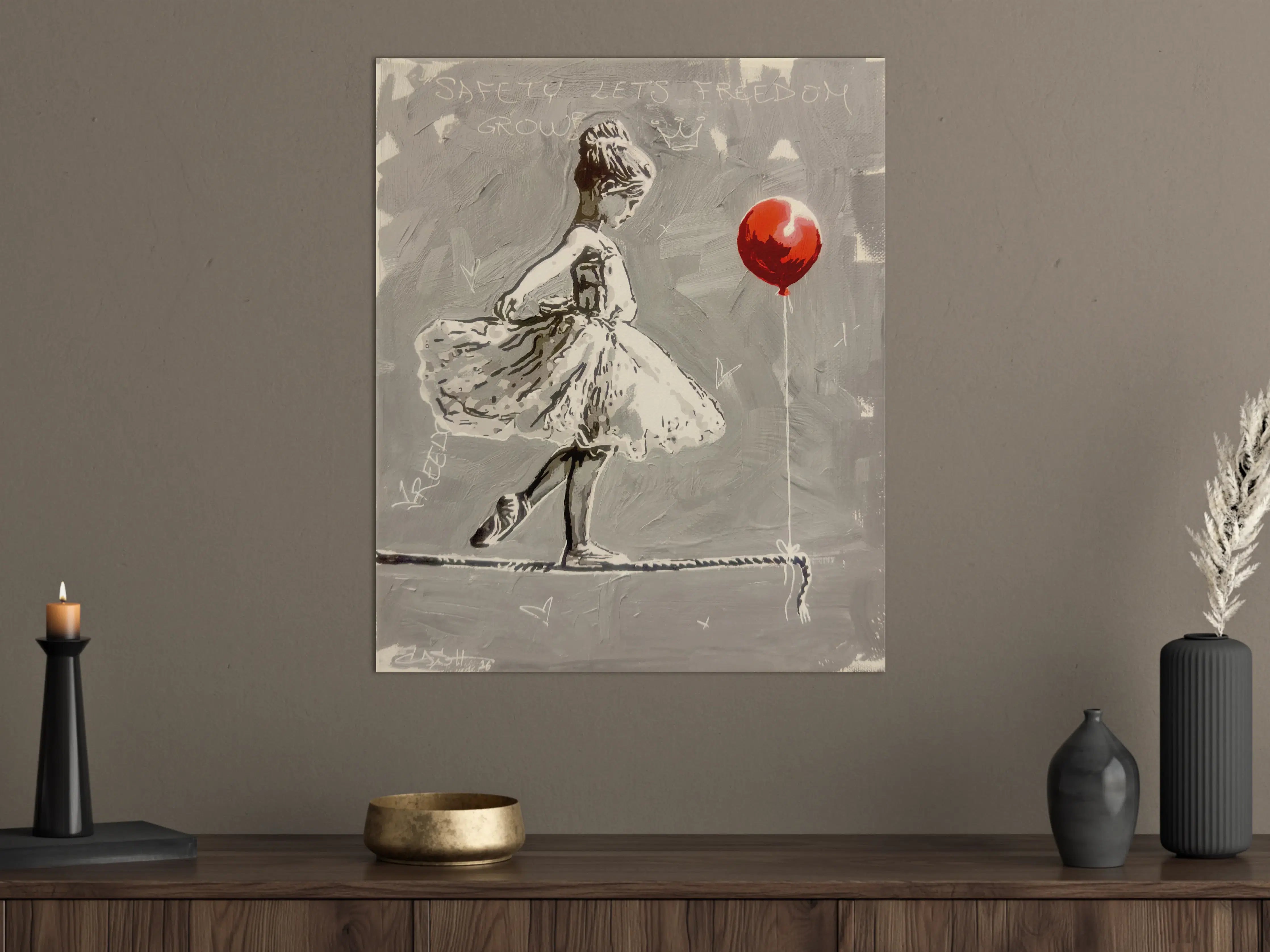 Große Wandbilder - Graues Street Art Mädchen mit rotem Ballon