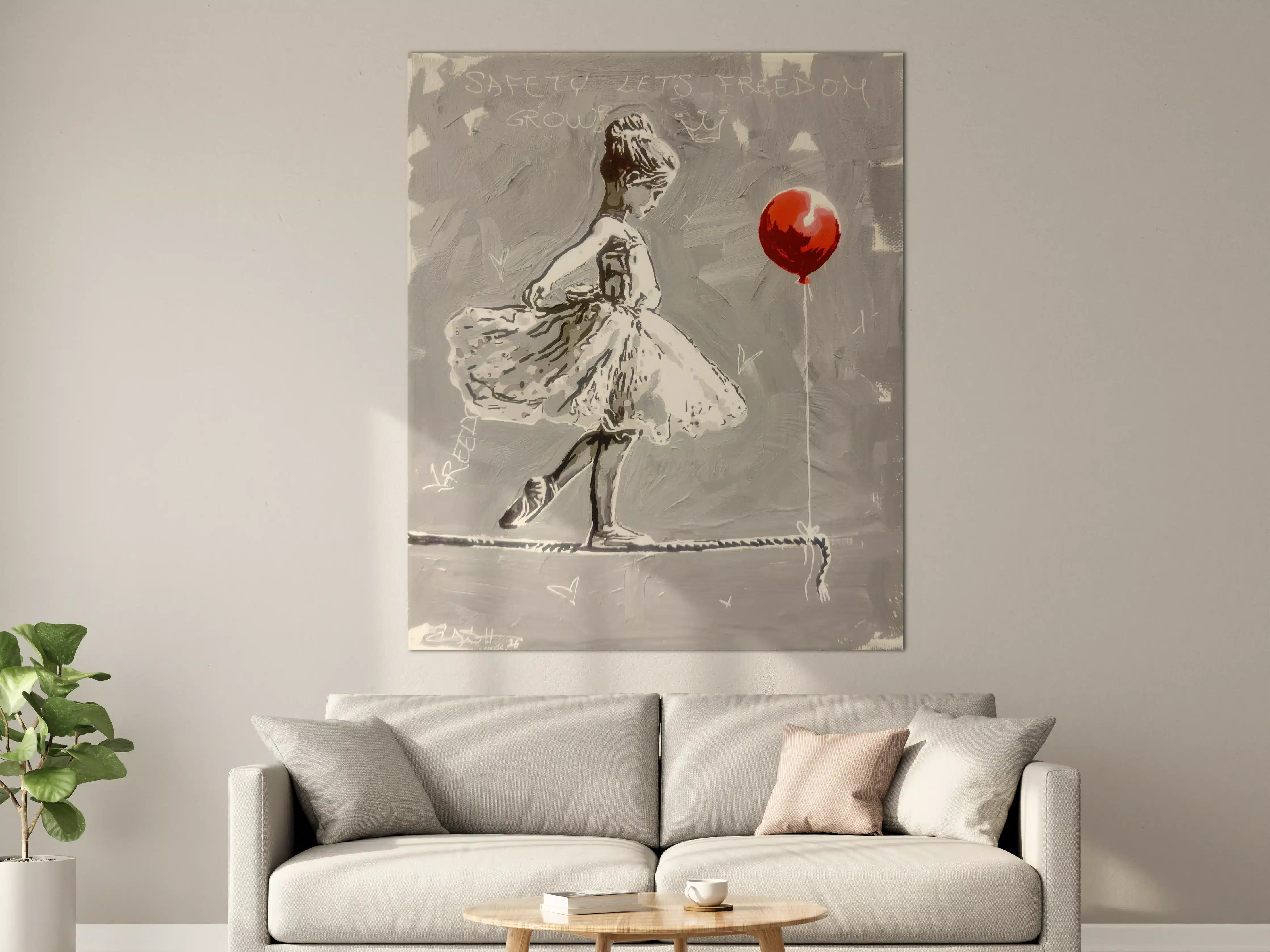 Große Wandbilder - Graues Street Art Mädchen mit rotem Ballon