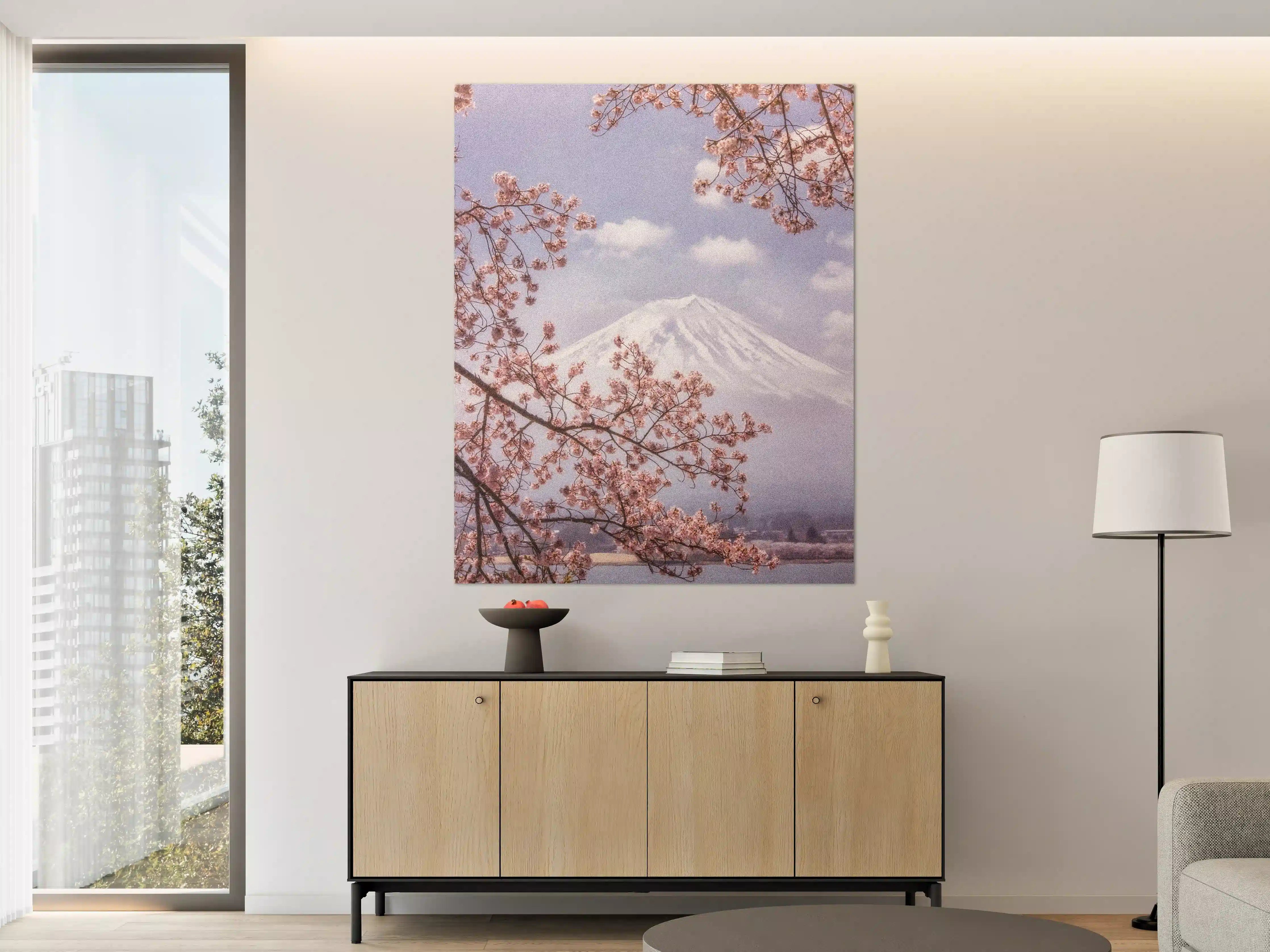 Große Wandbilder - Großer Berg hinter Kirchblüten - Japan