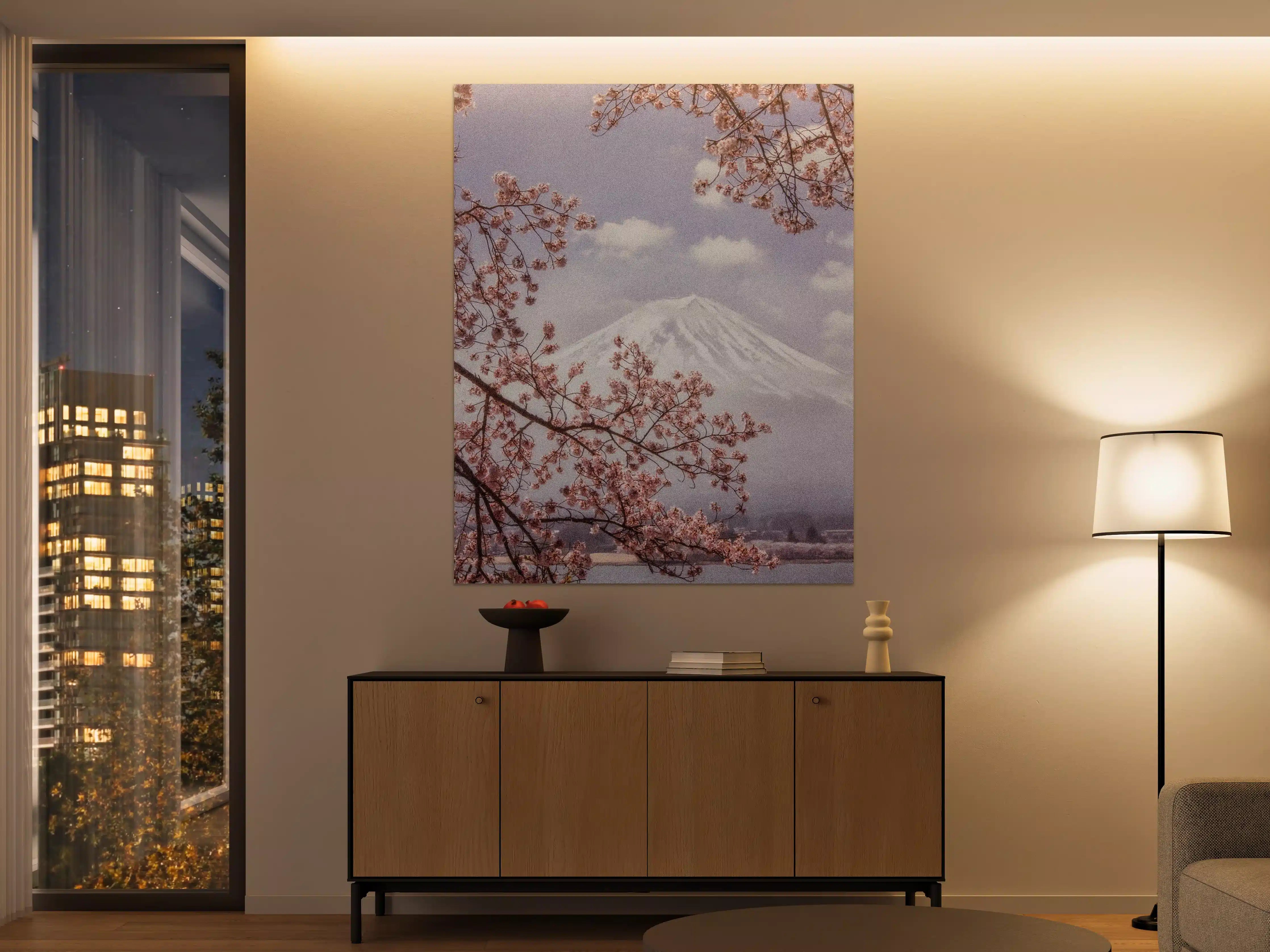Große Wandbilder - Großer Berg hinter Kirchblüten - Japan