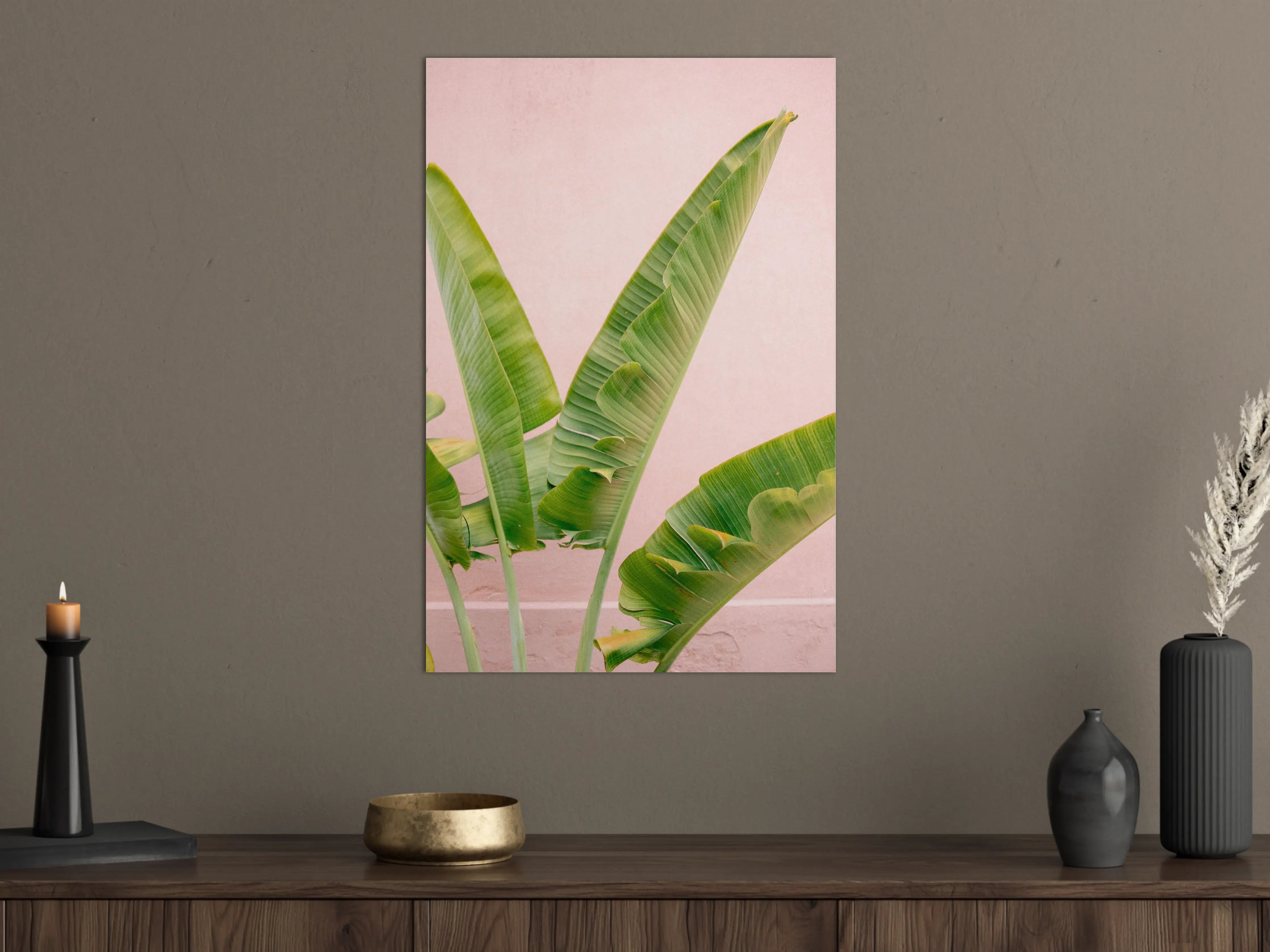 Große Wandbilder - Grüne Bananenblätter vor rosa Hintergrund