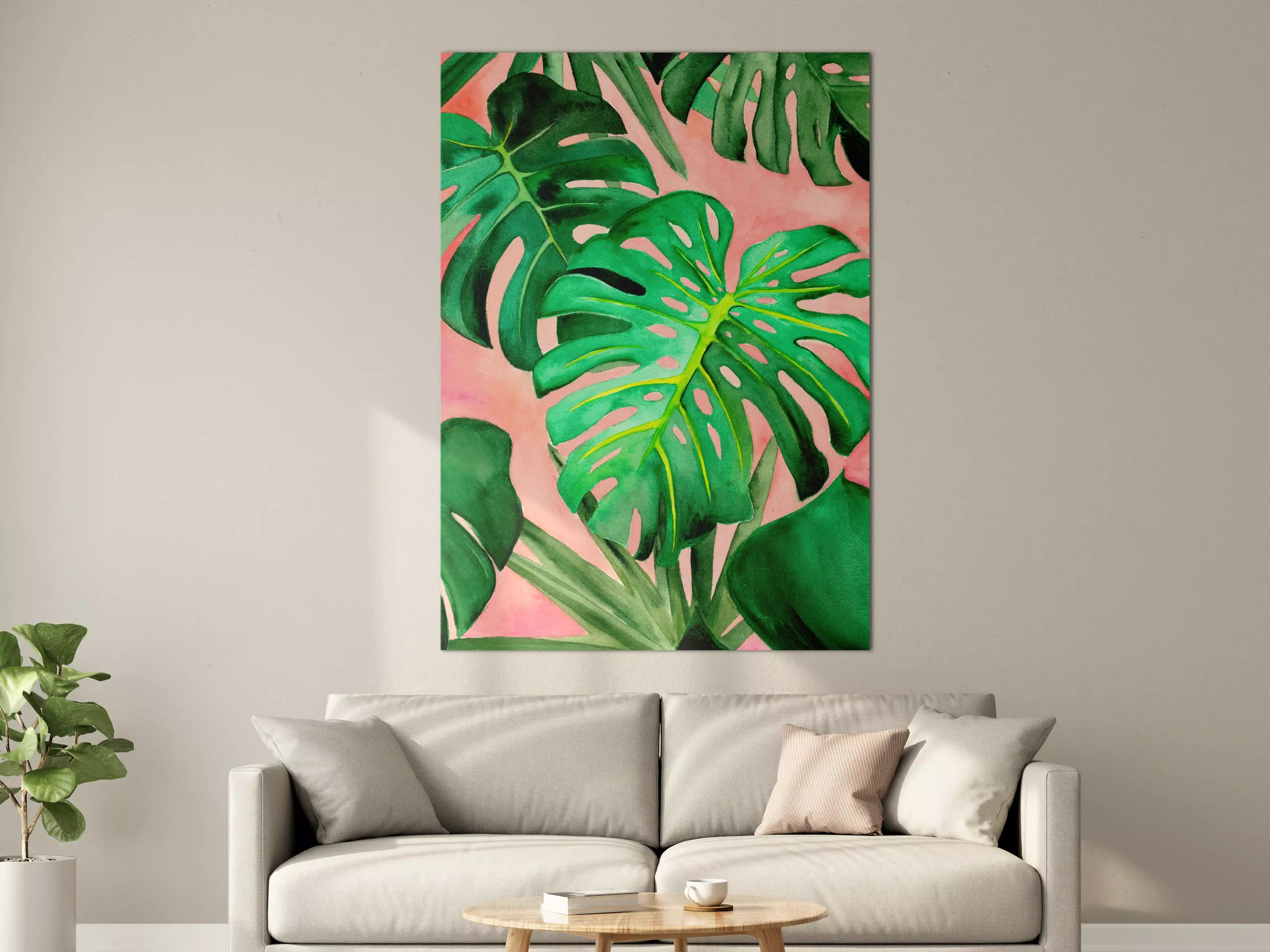 Große Wandbilder - Grüne Monstera-Blätter vor rosa Hintergrund