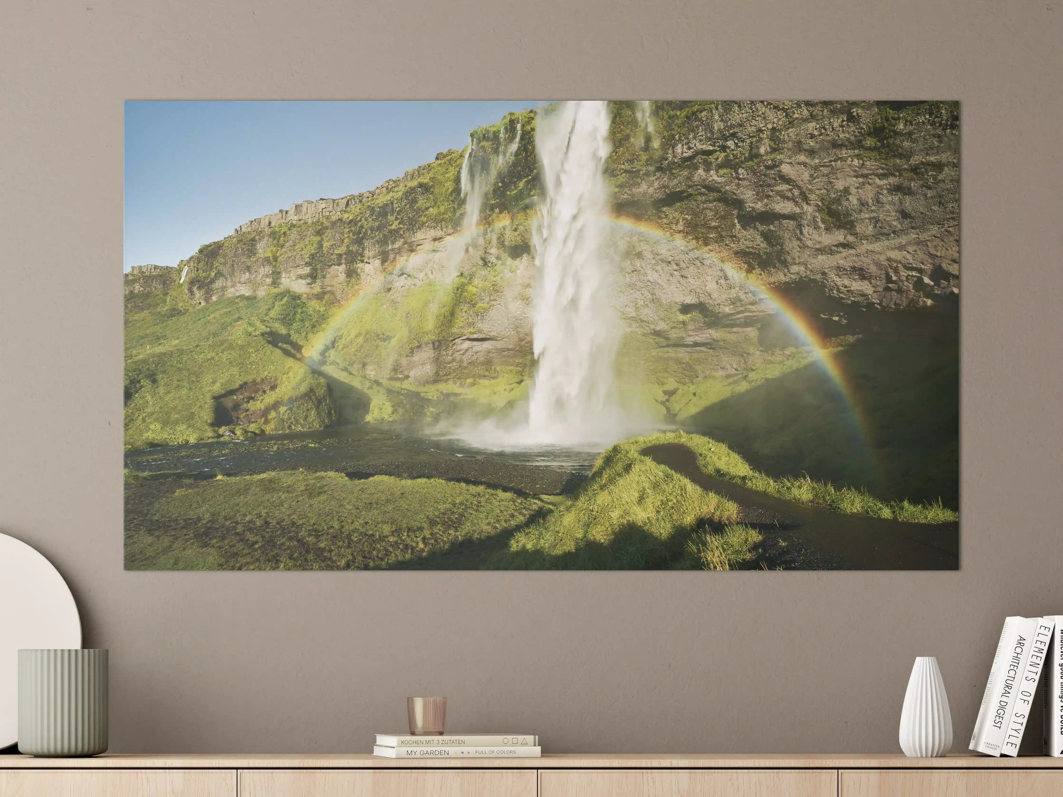 Große Wandbilder - Grüne Wasserfall-Landschaft mit Regenbogen