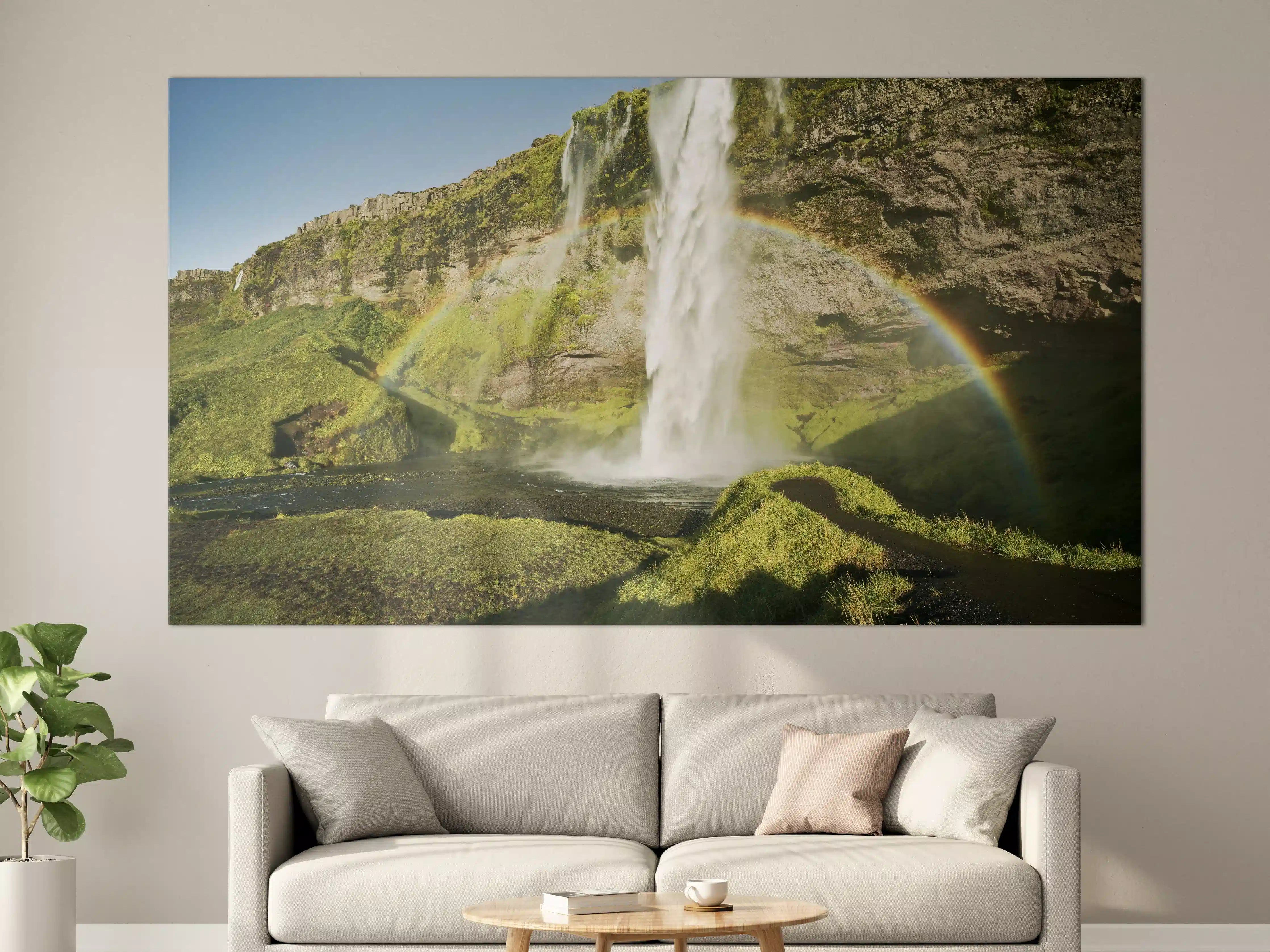 Große Wandbilder - Grüne Wasserfall-Landschaft mit Regenbogen