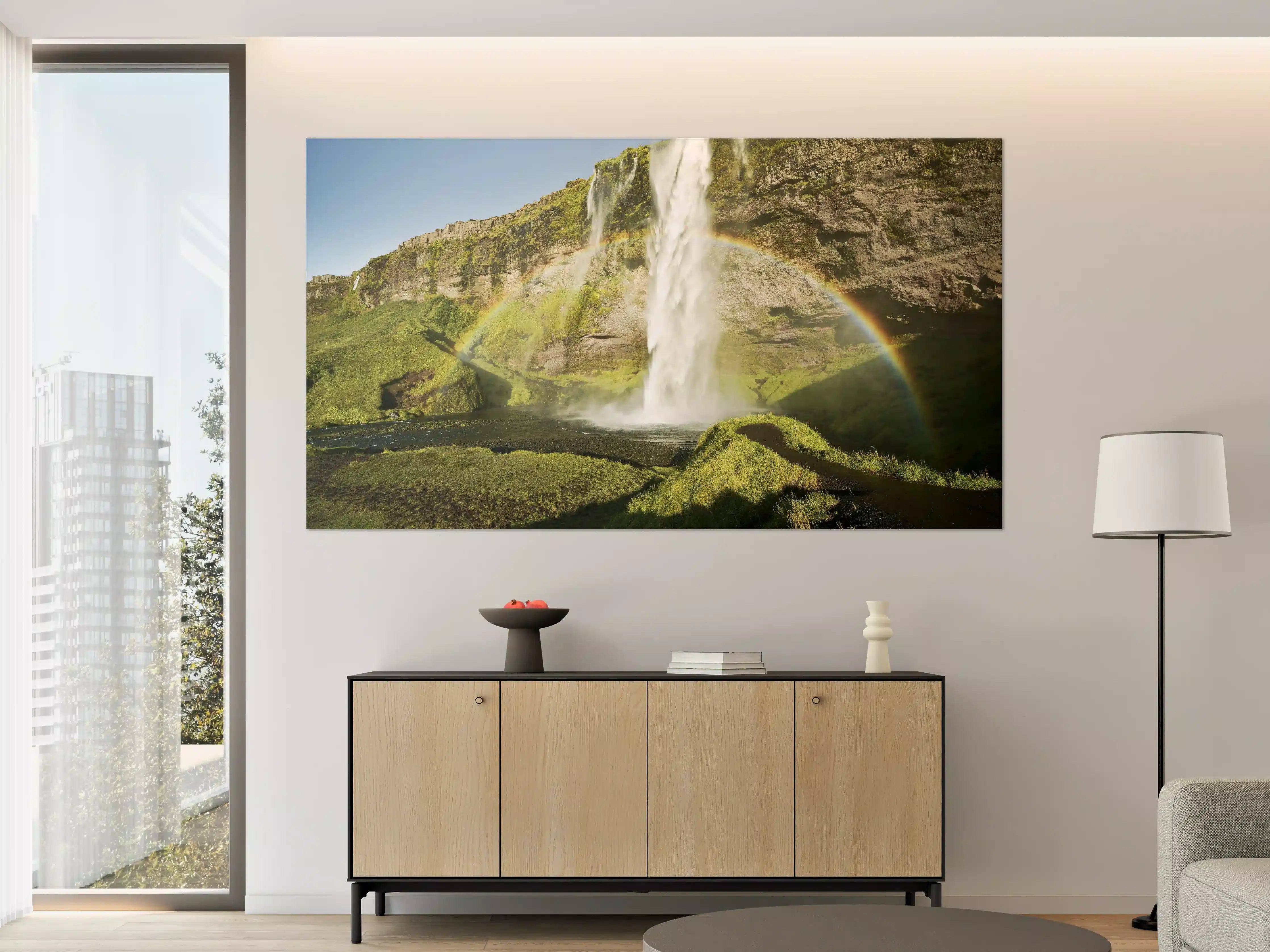 Große Wandbilder - Grüne Wasserfall-Landschaft mit Regenbogen