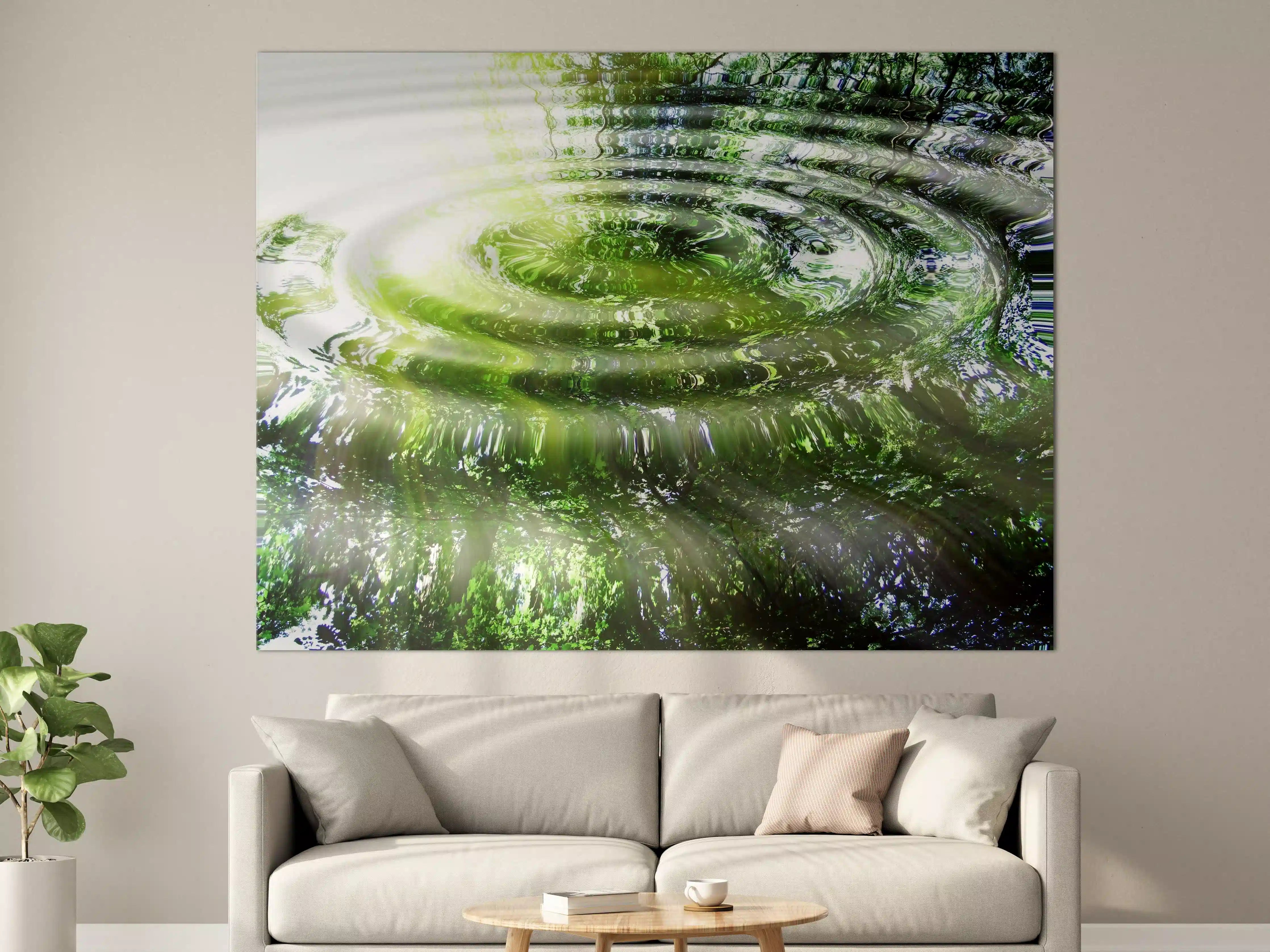 Große Wandbilder - Grüner Wasserteich mit Spiegelung der Baumkronen in Sonnenlicht