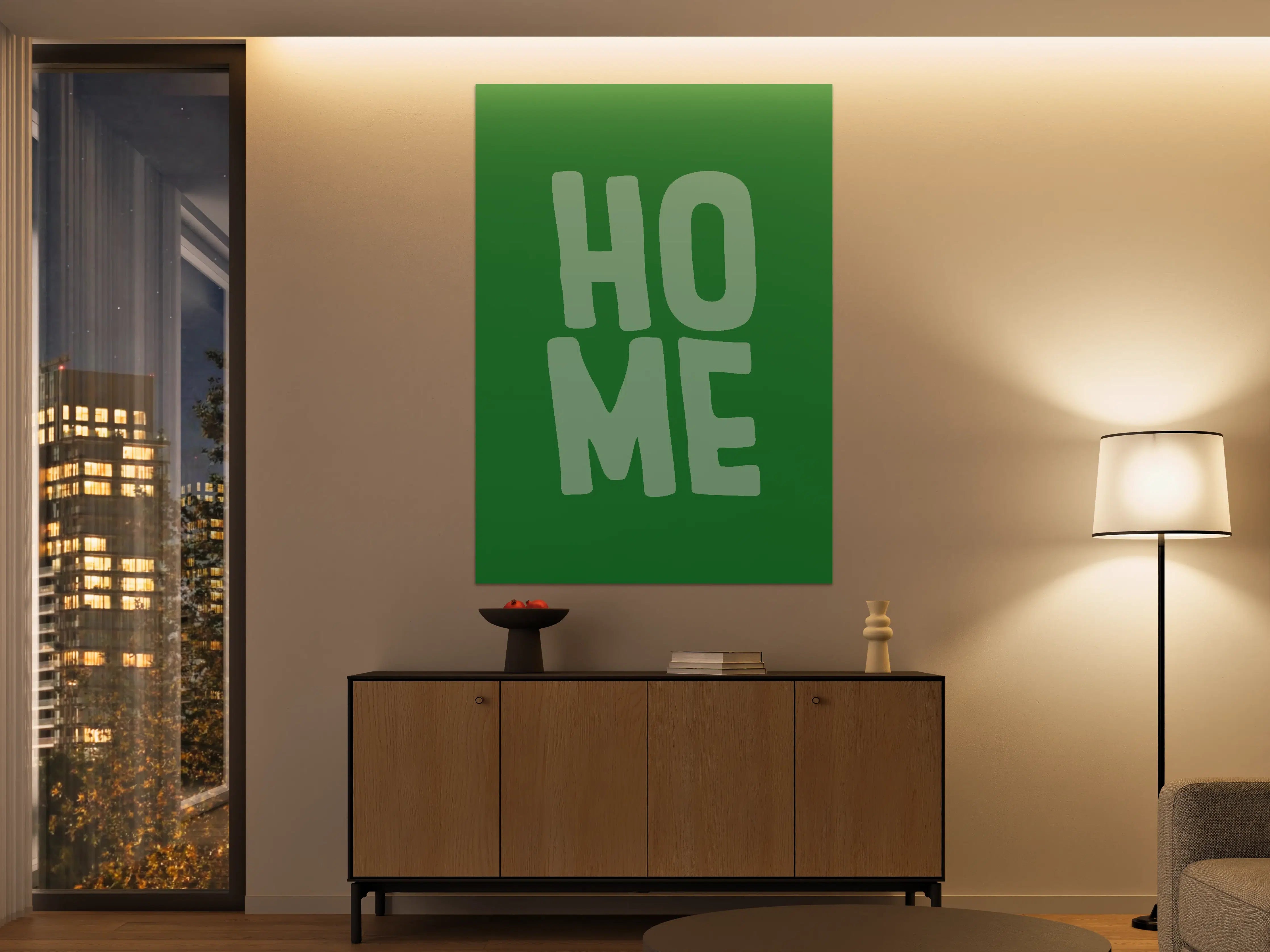 Große Wandbilder - Grünes 'Home' Wandbild mit moderner Schrift