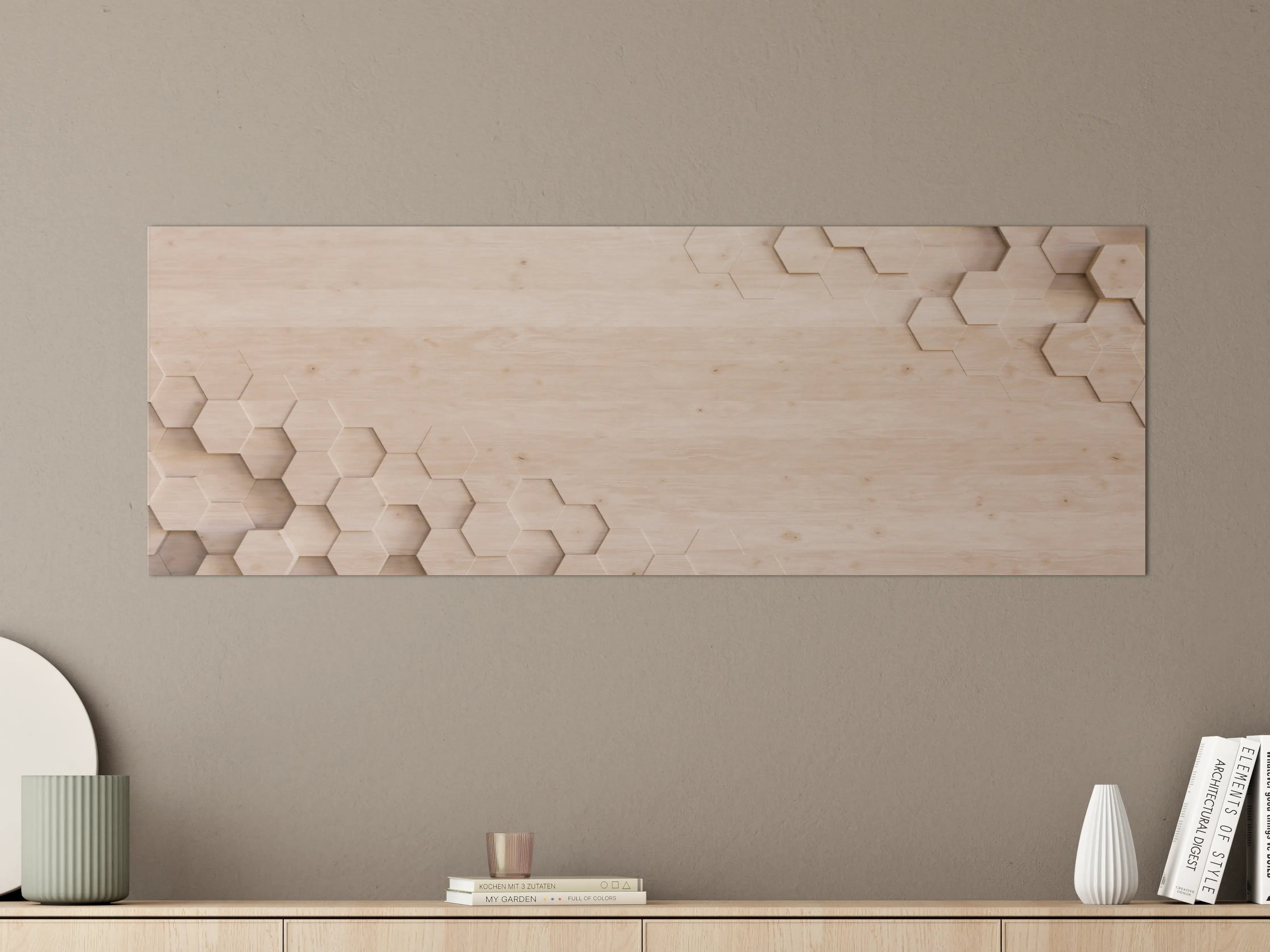 Große Wandbilder - Helle Holzwand mit Hexagon-Details
