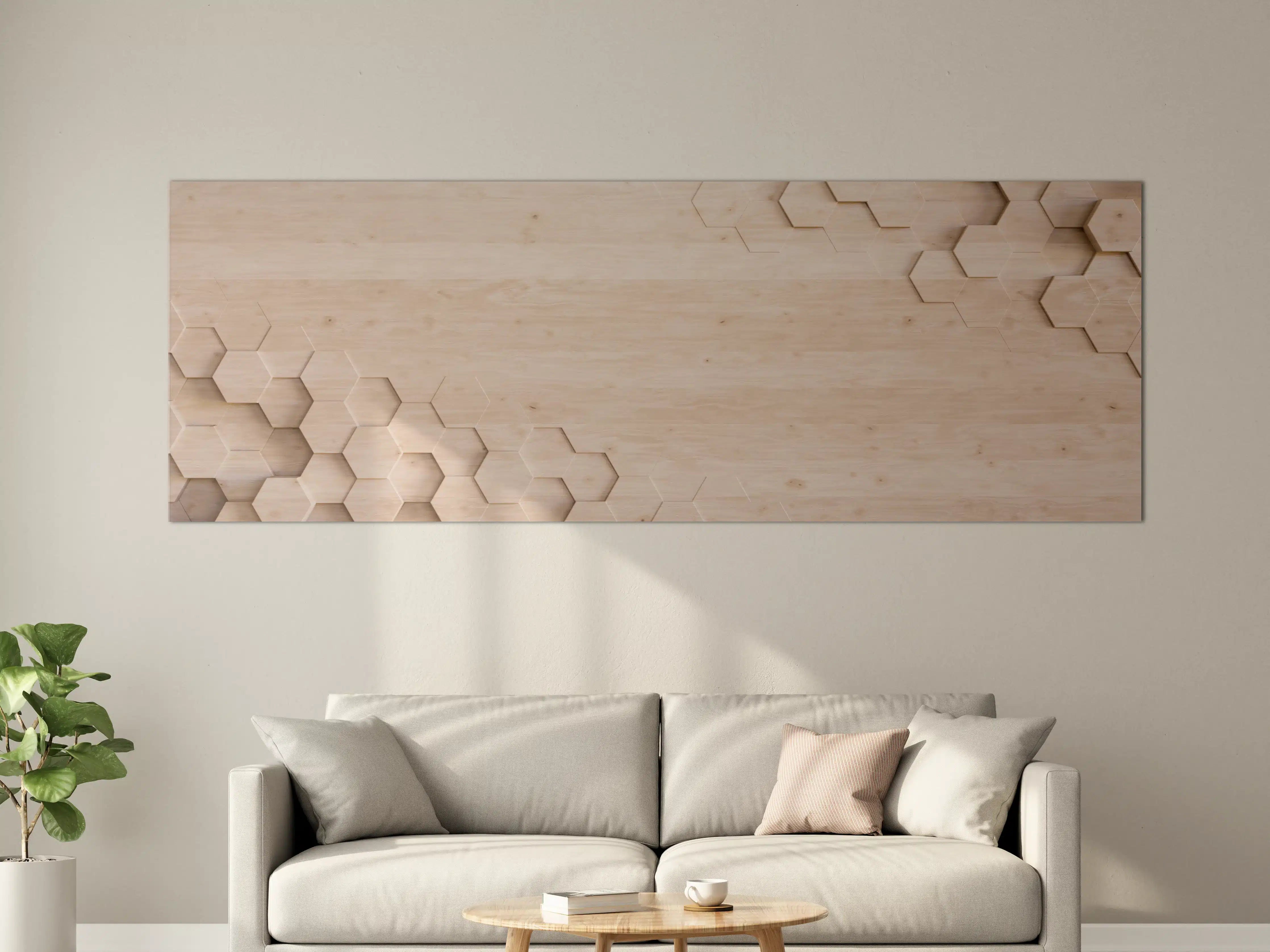 Große Wandbilder - Helle Holzwand mit Hexagon-Details