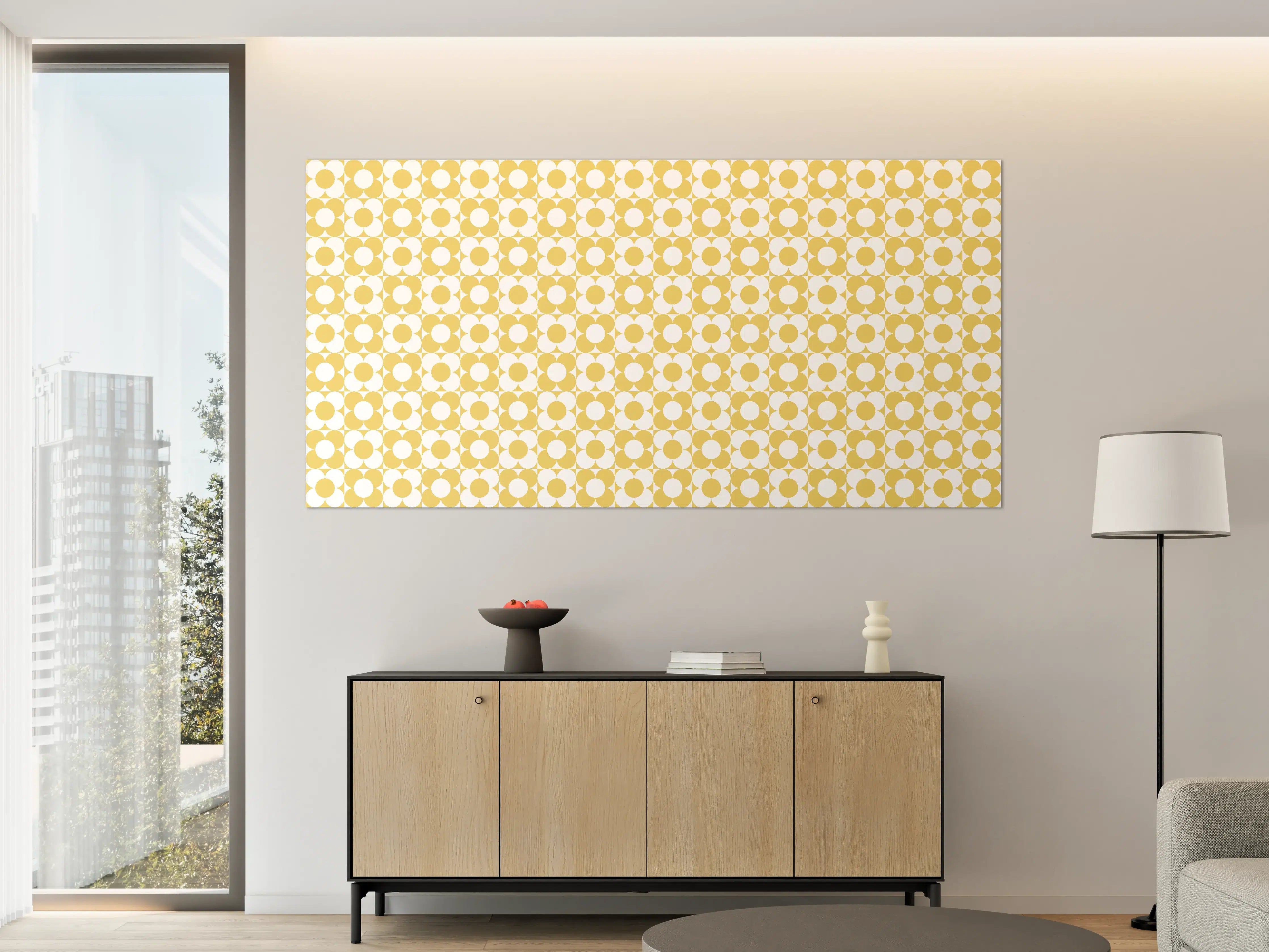 Große Wandbilder - Helle gelbe Musterwand mit kreisförmigem Design