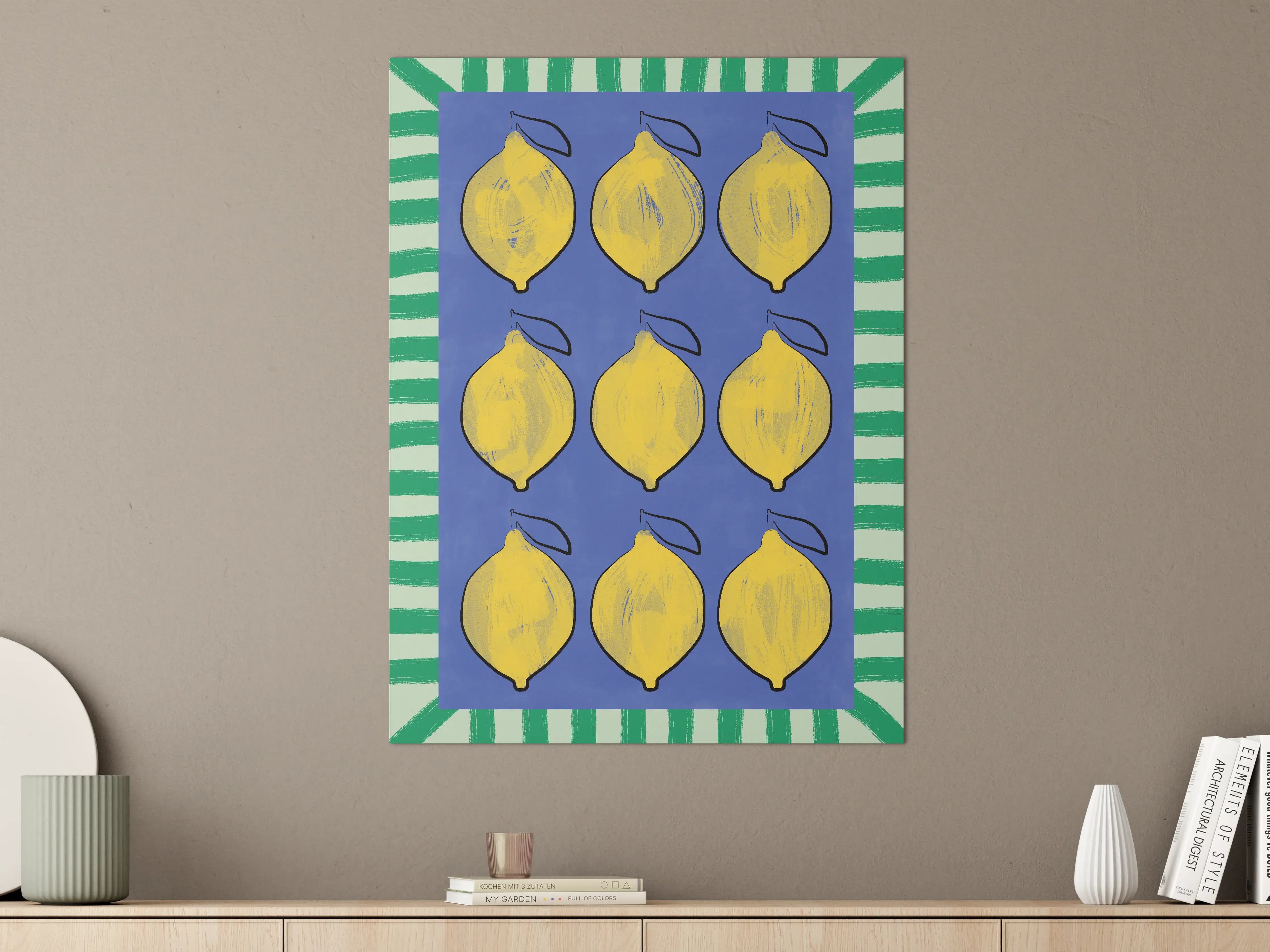 Große Wandbilder - Heller, Zitronen-Motiv auf Blauem Hintergrund