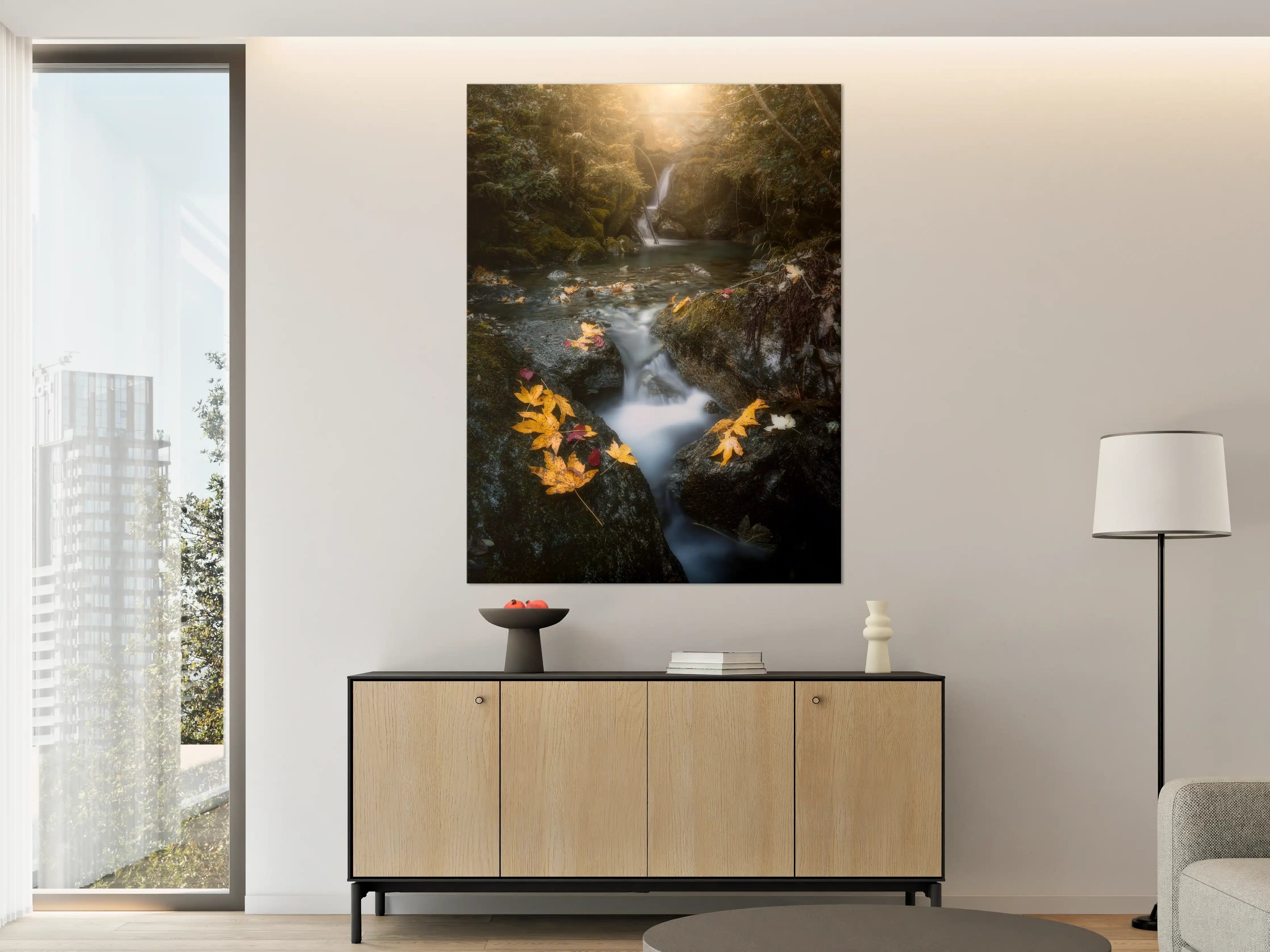 Große Wandbilder - Herbstliche Flusslandschaft mit Wasserfall