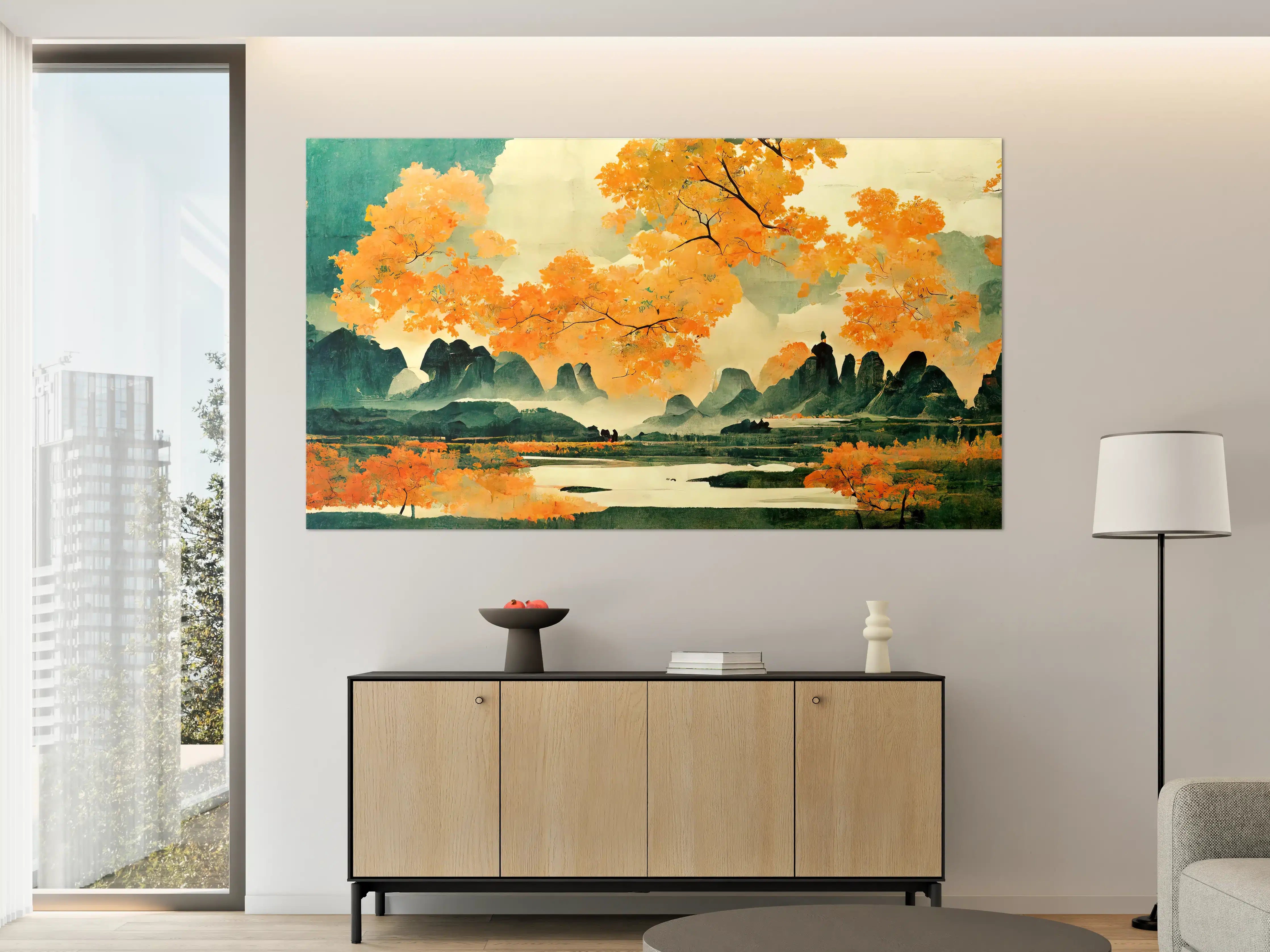 Große Wandbilder - Herbstliche Landschaft mit goldenen Baumkronen