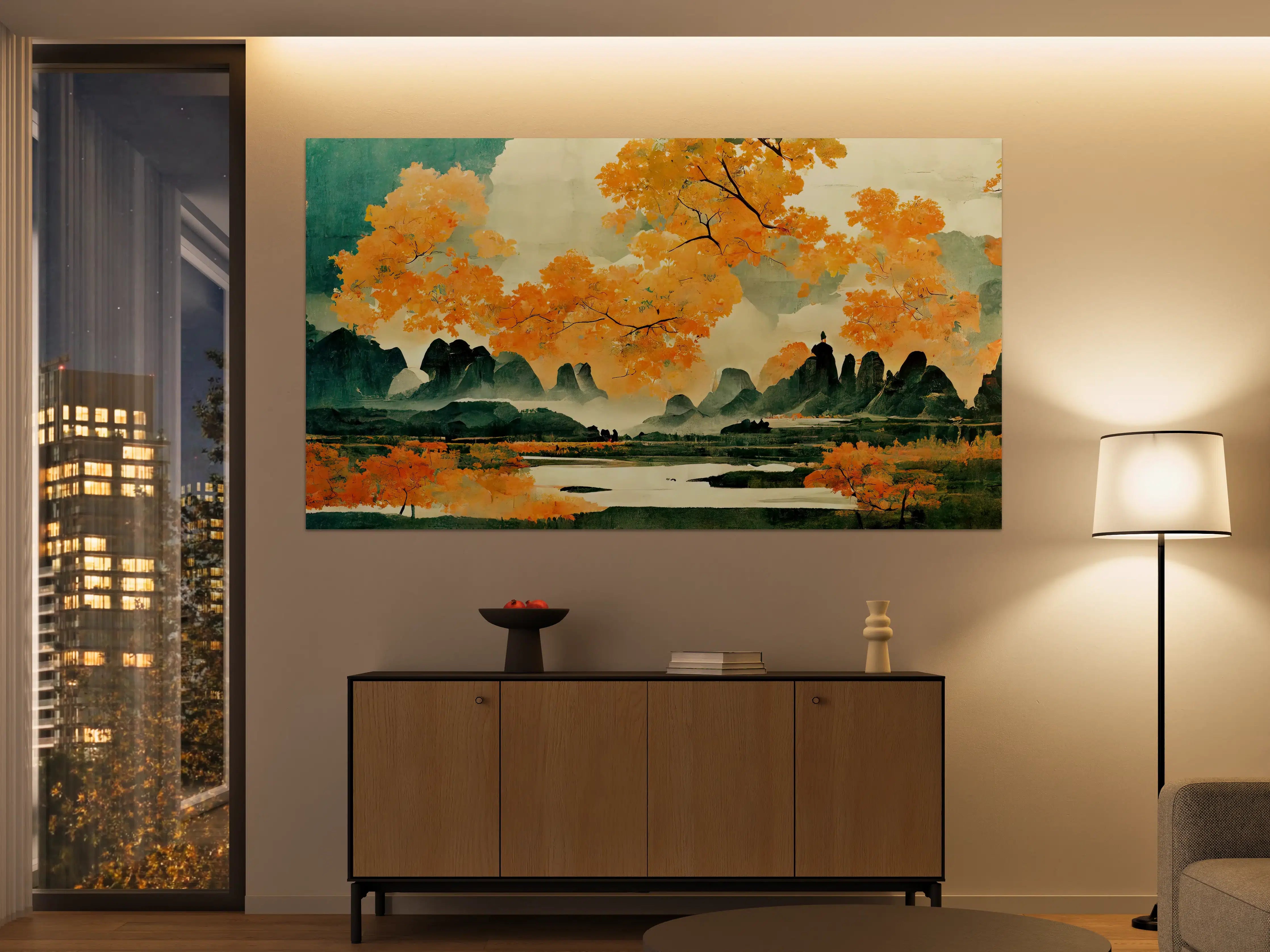 Große Wandbilder - Herbstliche Landschaft mit goldenen Baumkronen
