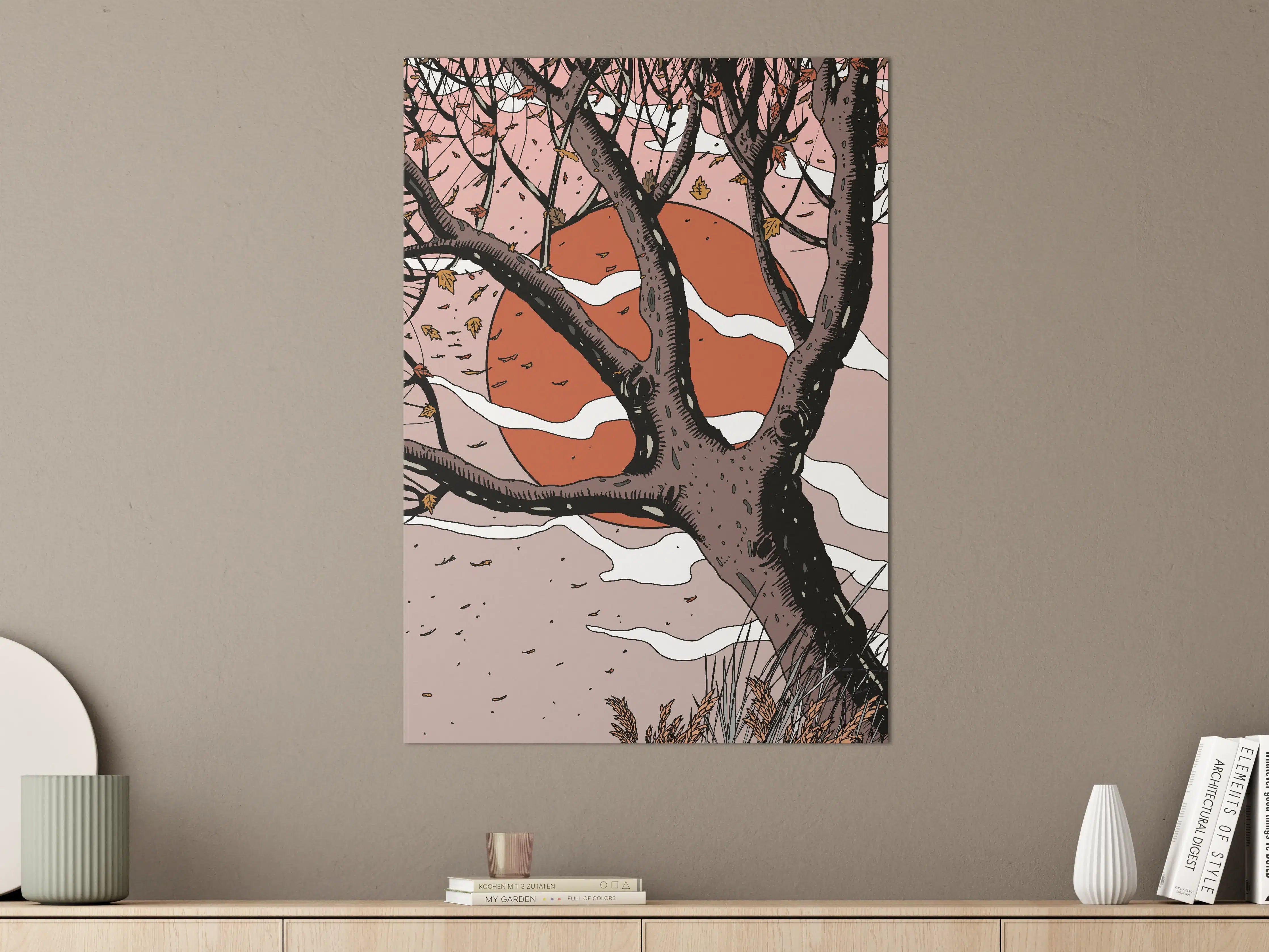 Große Wandbilder - Herbstlicher Baum mit Sonnenuntergangs-Hintergrund