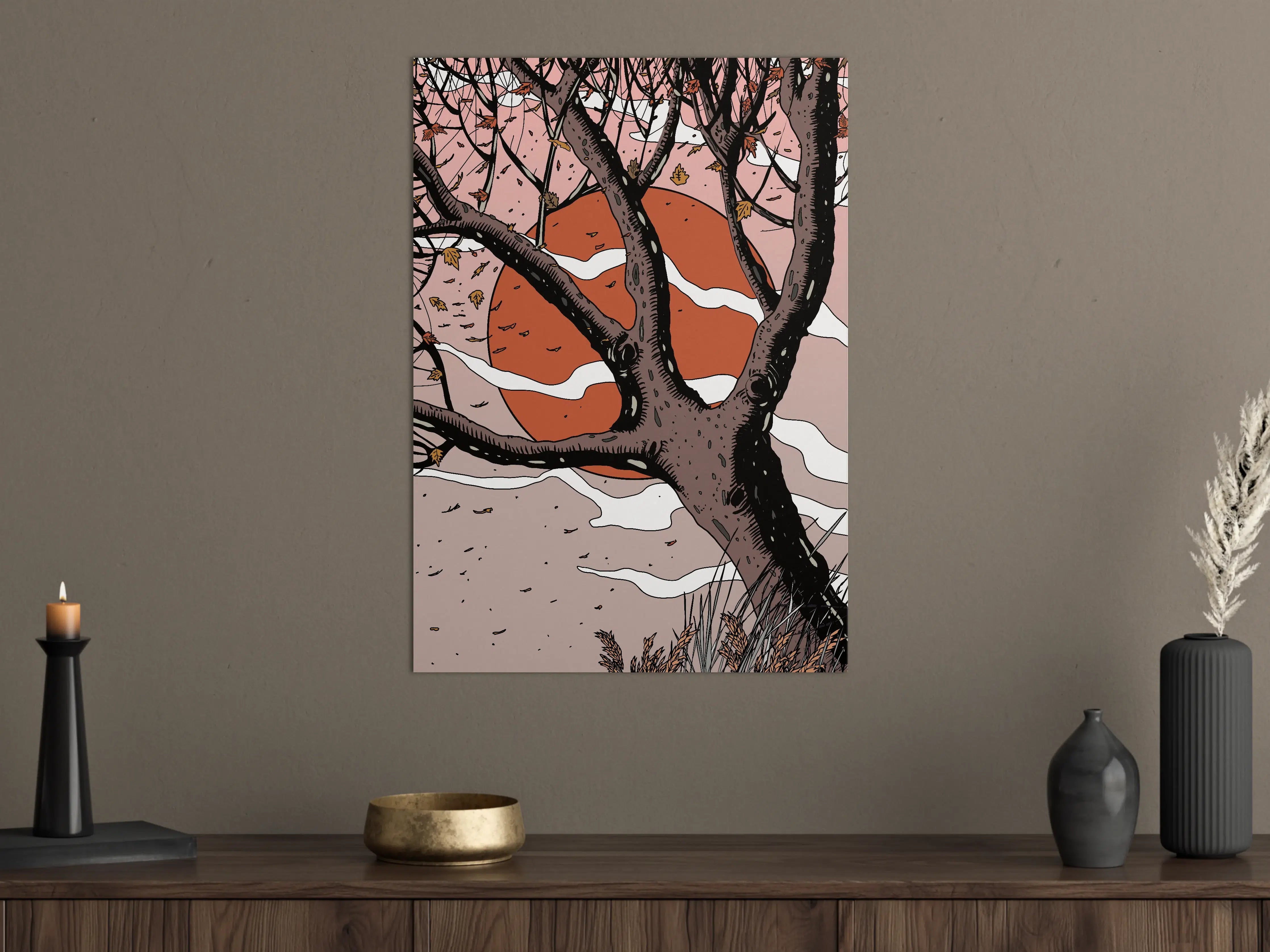 Große Wandbilder - Herbstlicher Baum mit Sonnenuntergangs-Hintergrund