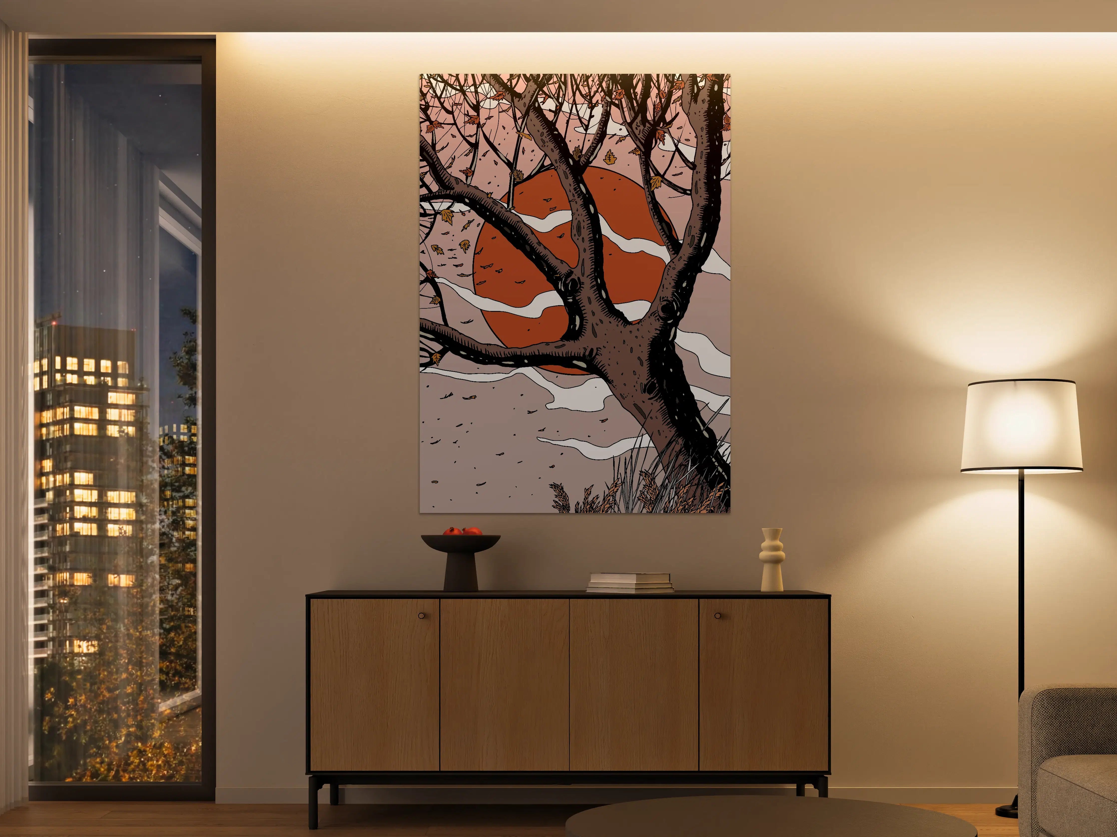 Große Wandbilder - Herbstlicher Baum mit Sonnenuntergangs-Hintergrund