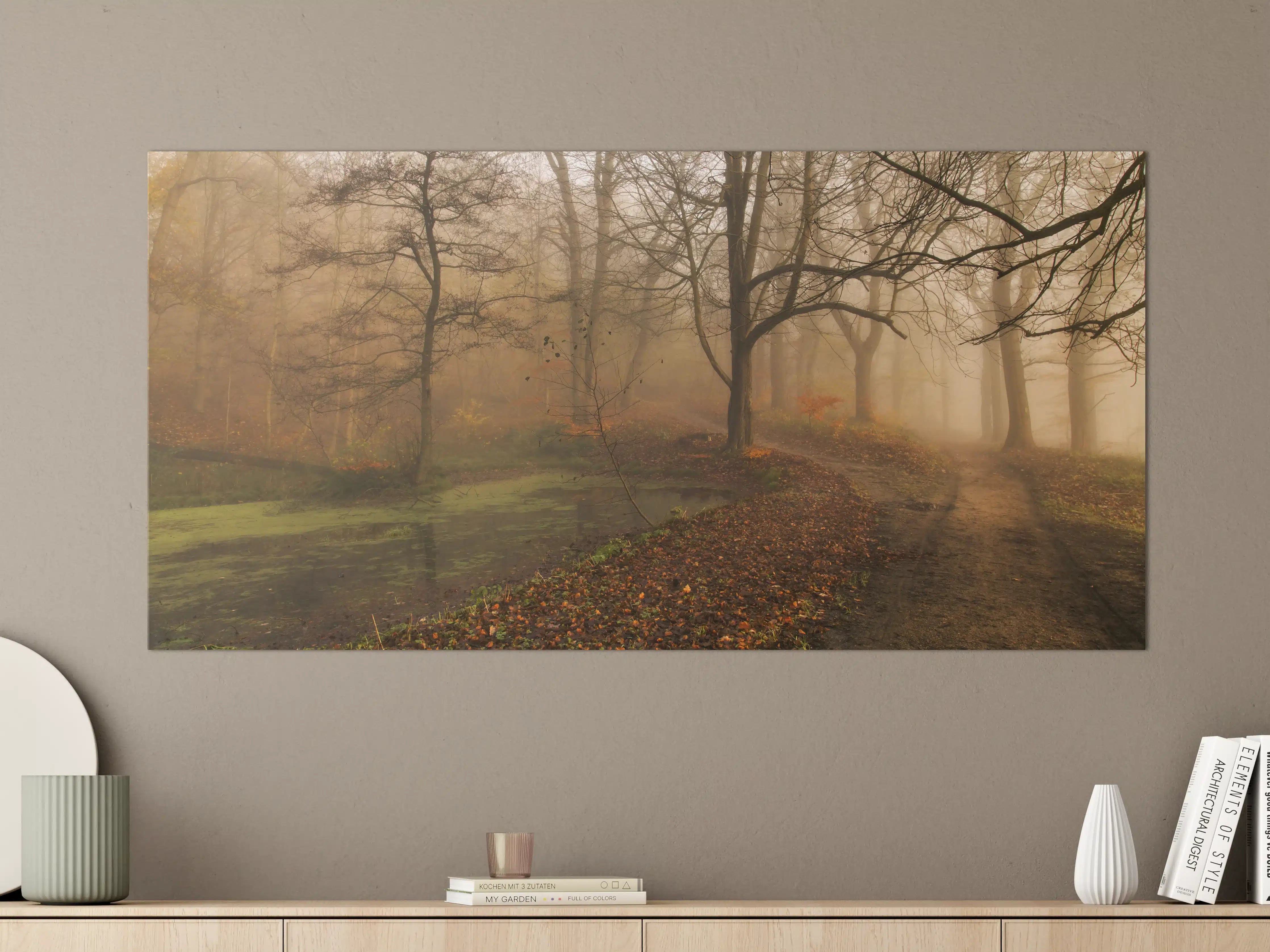 Große Wandbilder - Herbstlicher Waldweg im Nebel