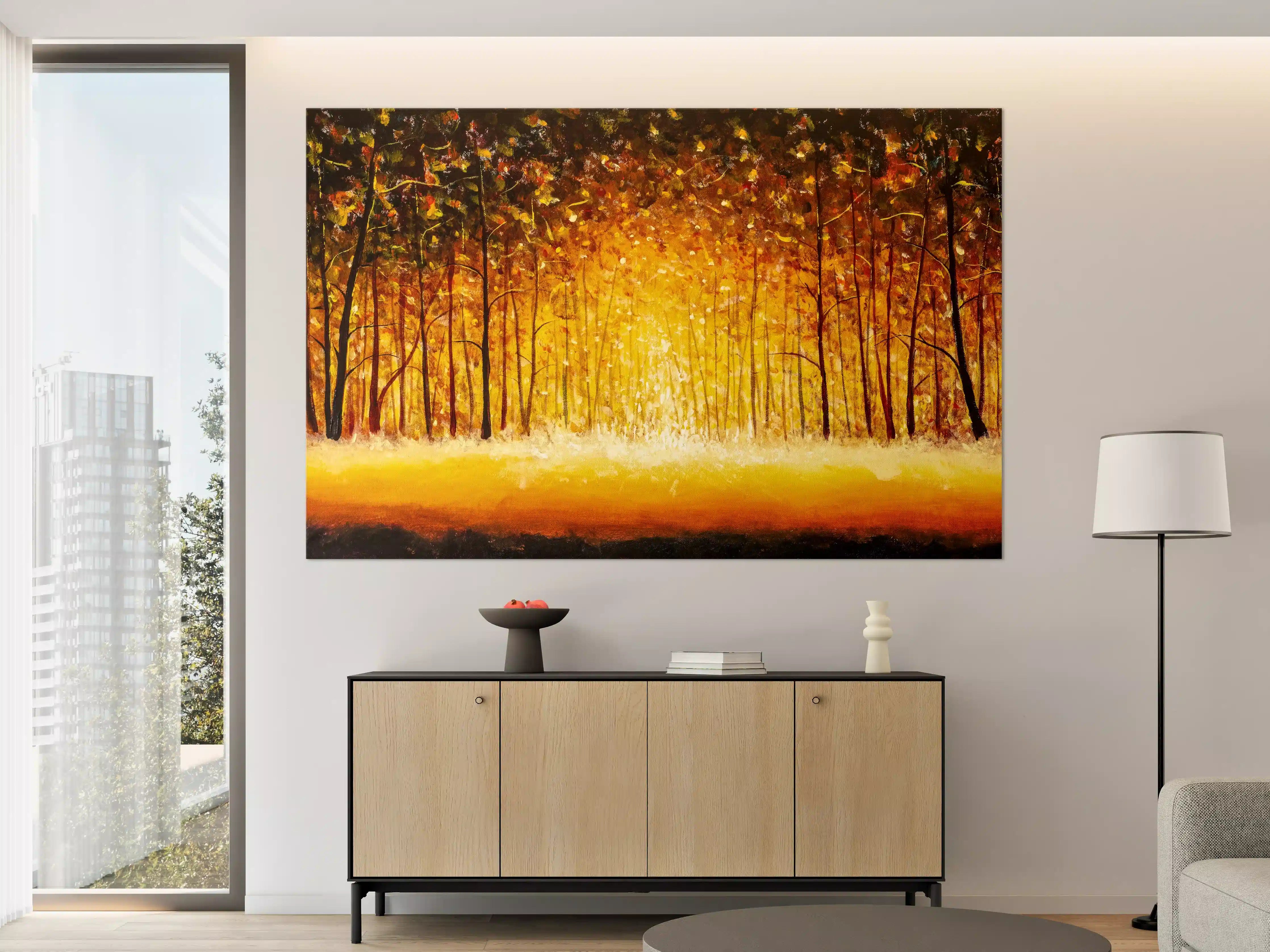 Große Wandbilder - Herbstwald mit goldenem Licht