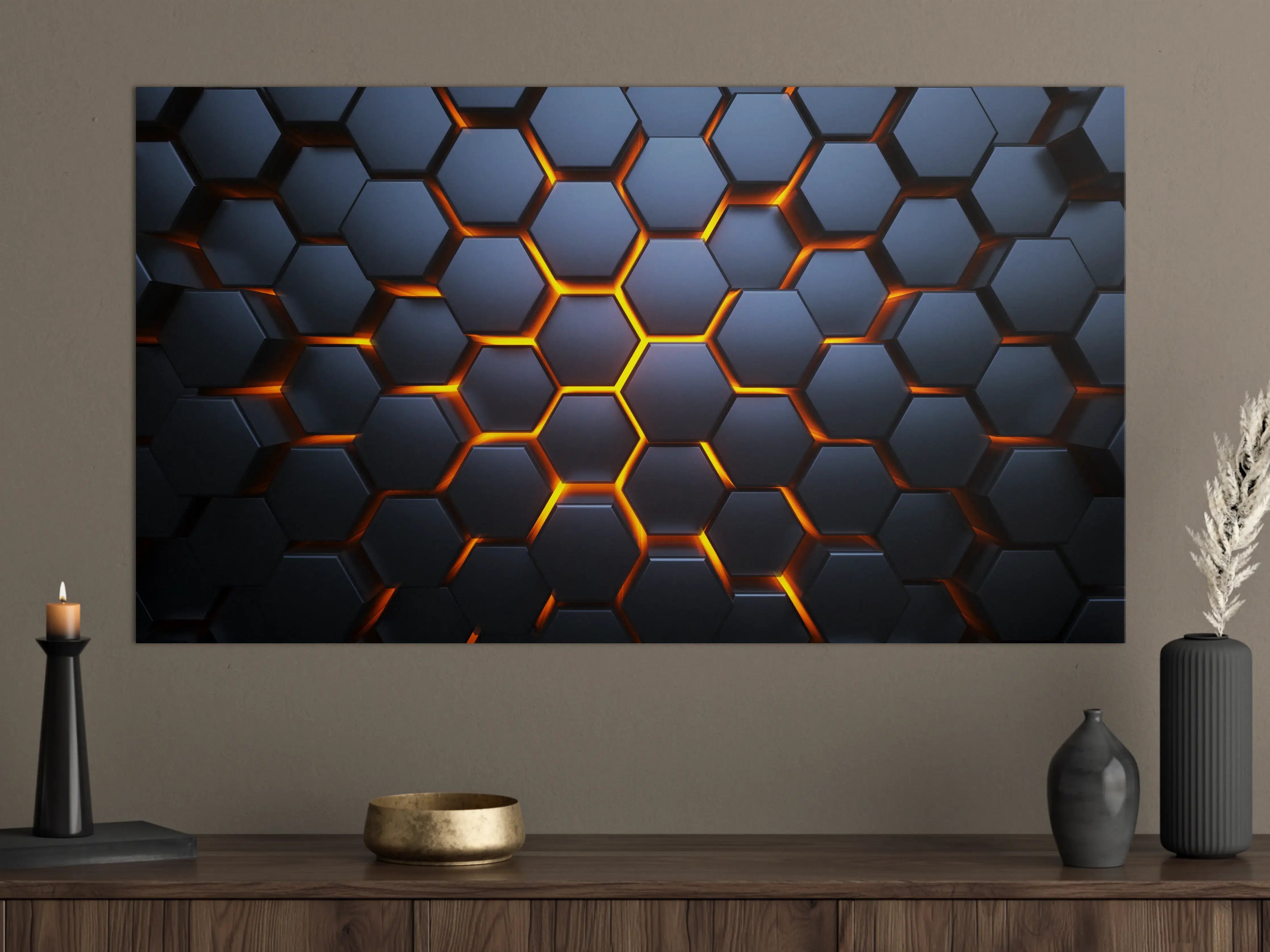 Große Wandbilder - Hexagon-Muster in Blau-Orange