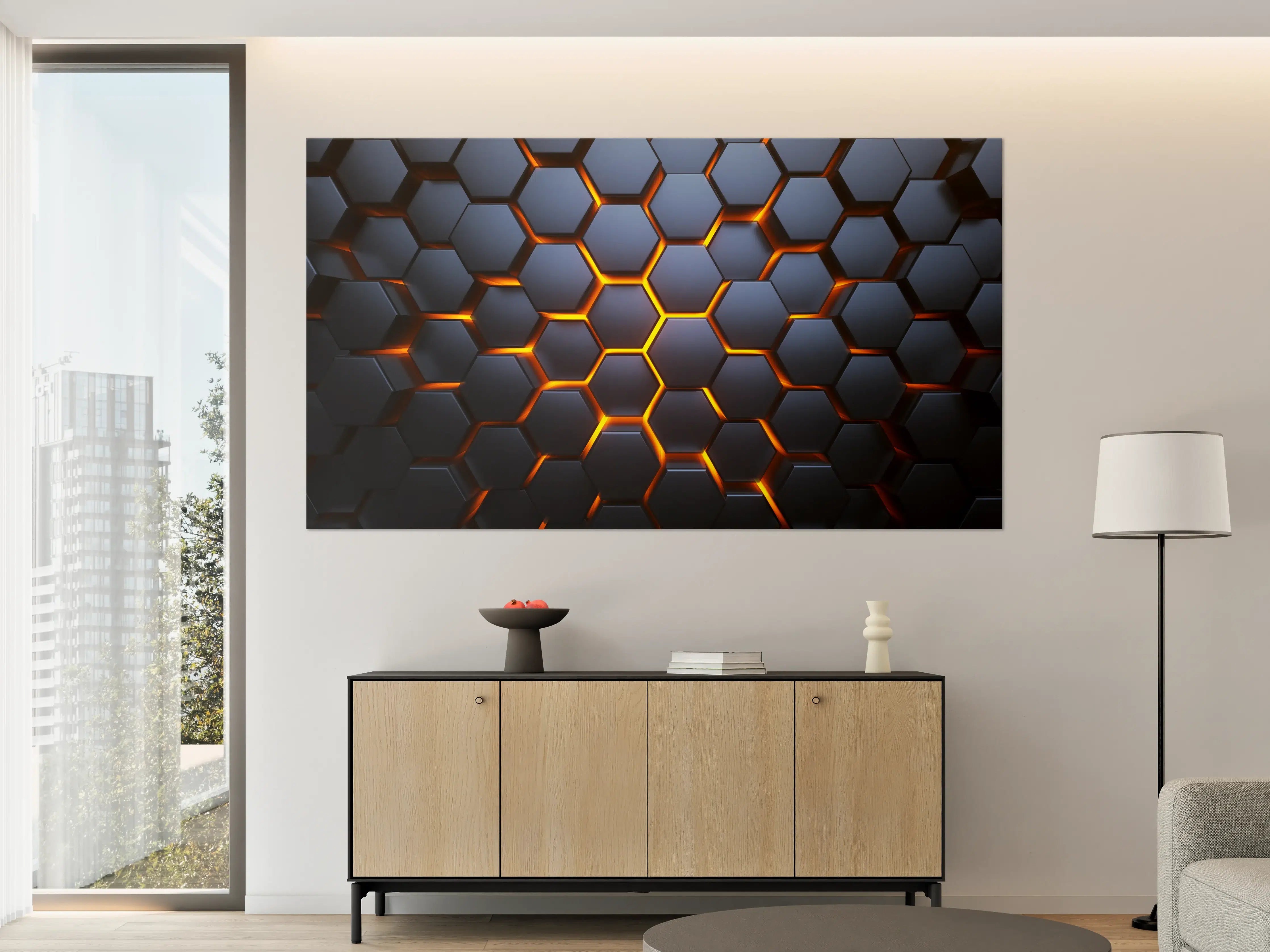Große Wandbilder - Hexagon-Muster in Blau-Orange