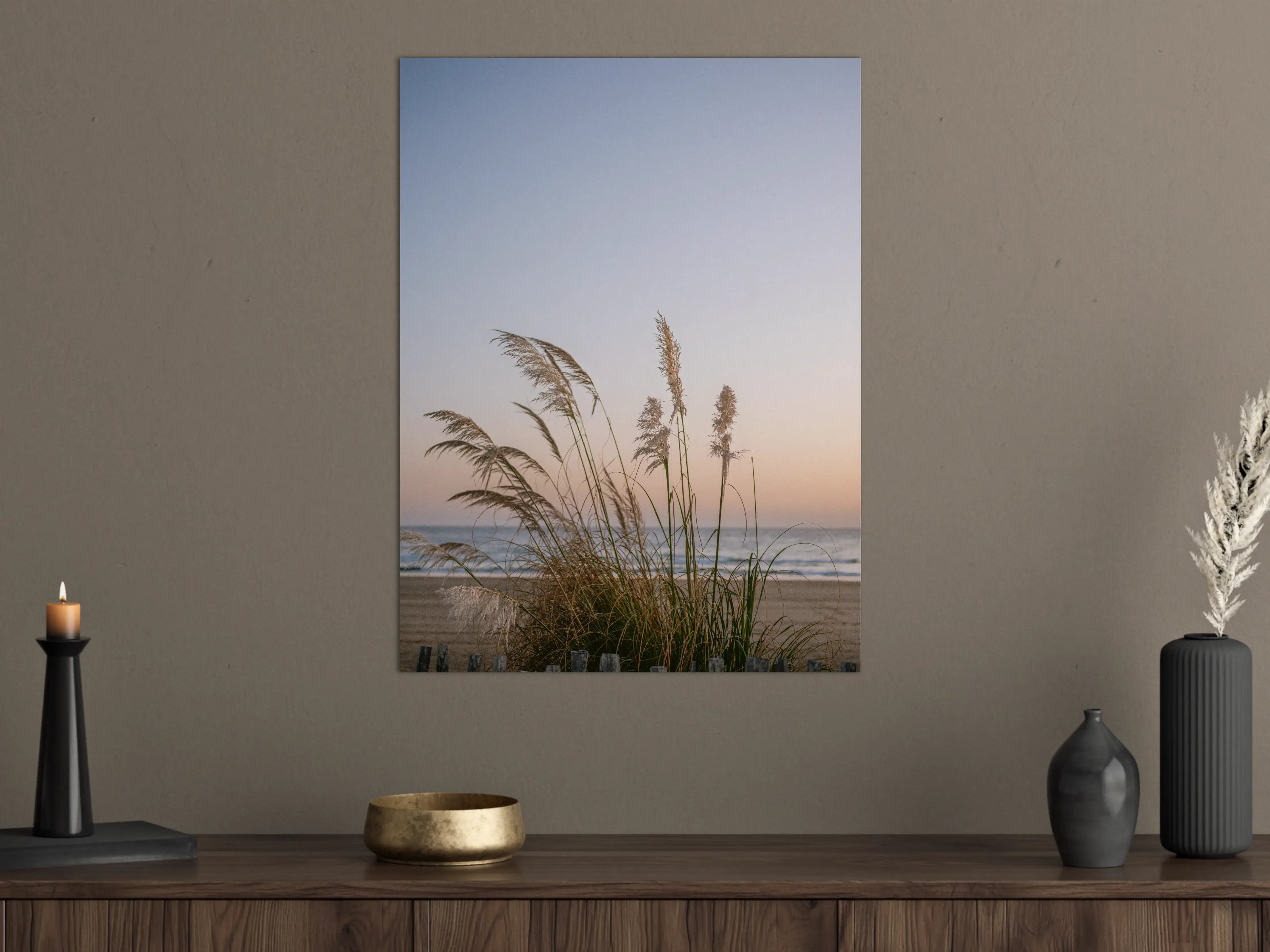 Große Wandbilder - Himmel und Strand mit Gräsern bei Sonnenuntergang