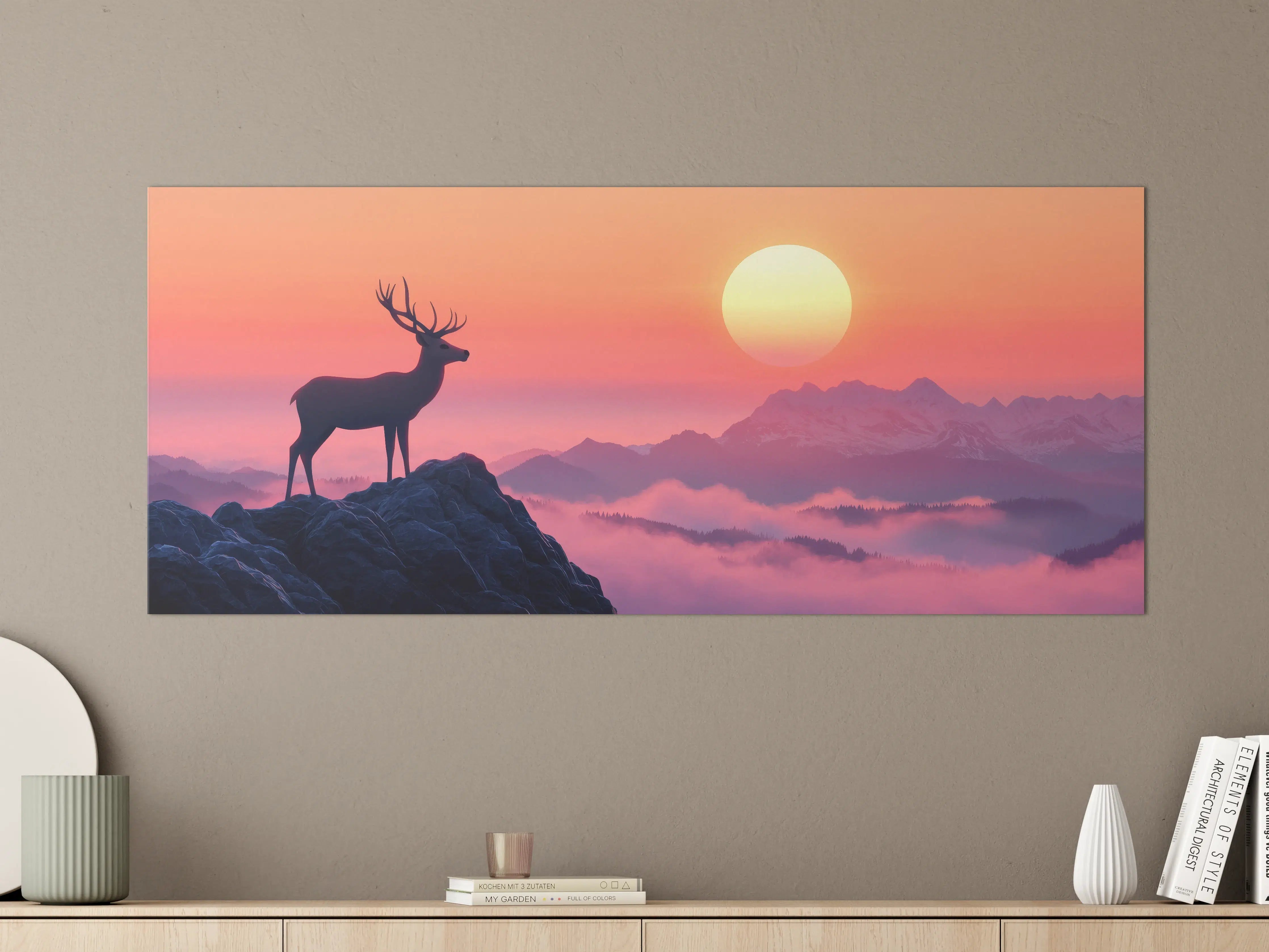 Große Wandbilder - Hirsch-Silhouette Sonnenaufgang Orange-Pink