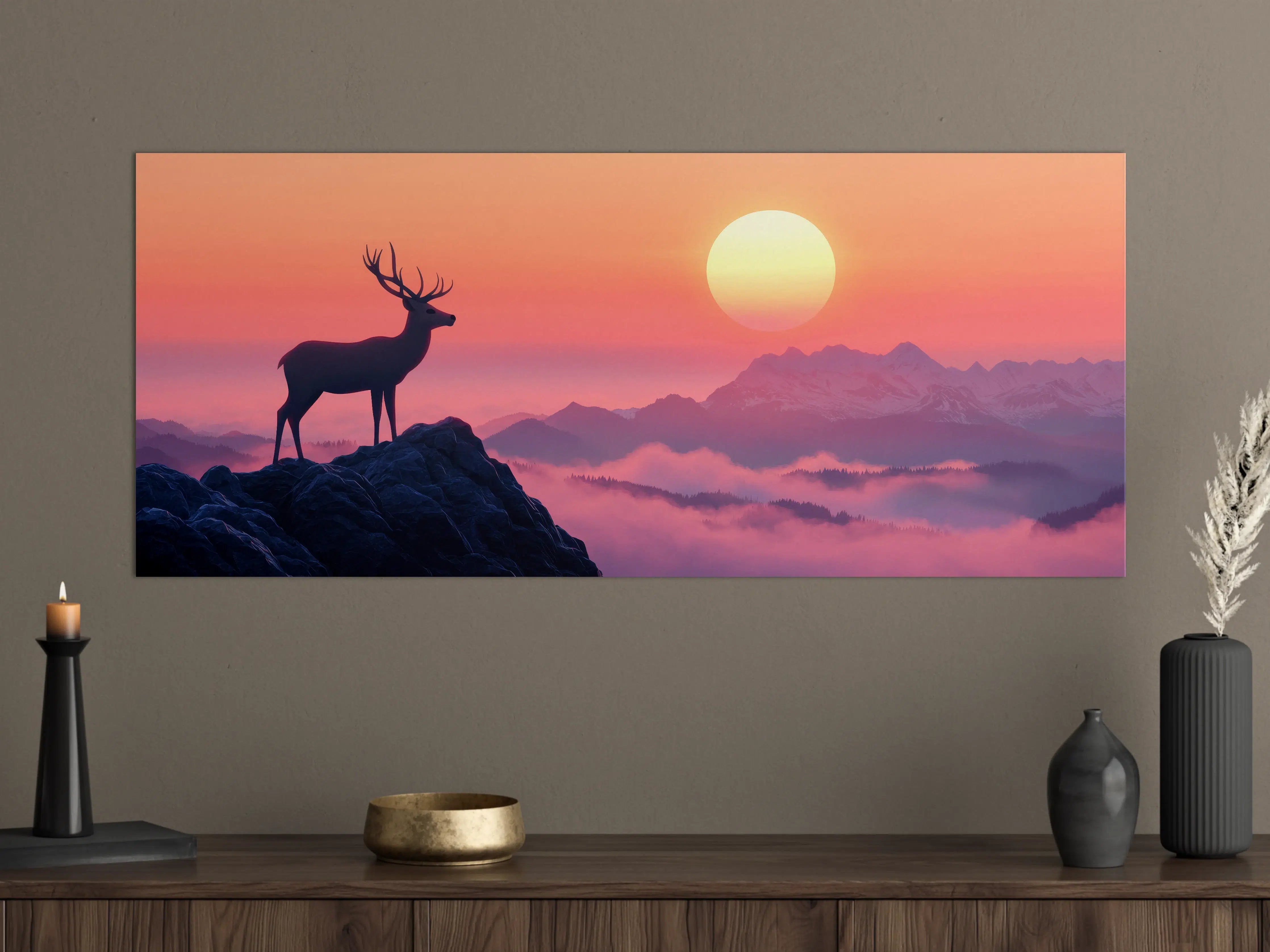 Große Wandbilder - Hirsch-Silhouette Sonnenaufgang Orange-Pink