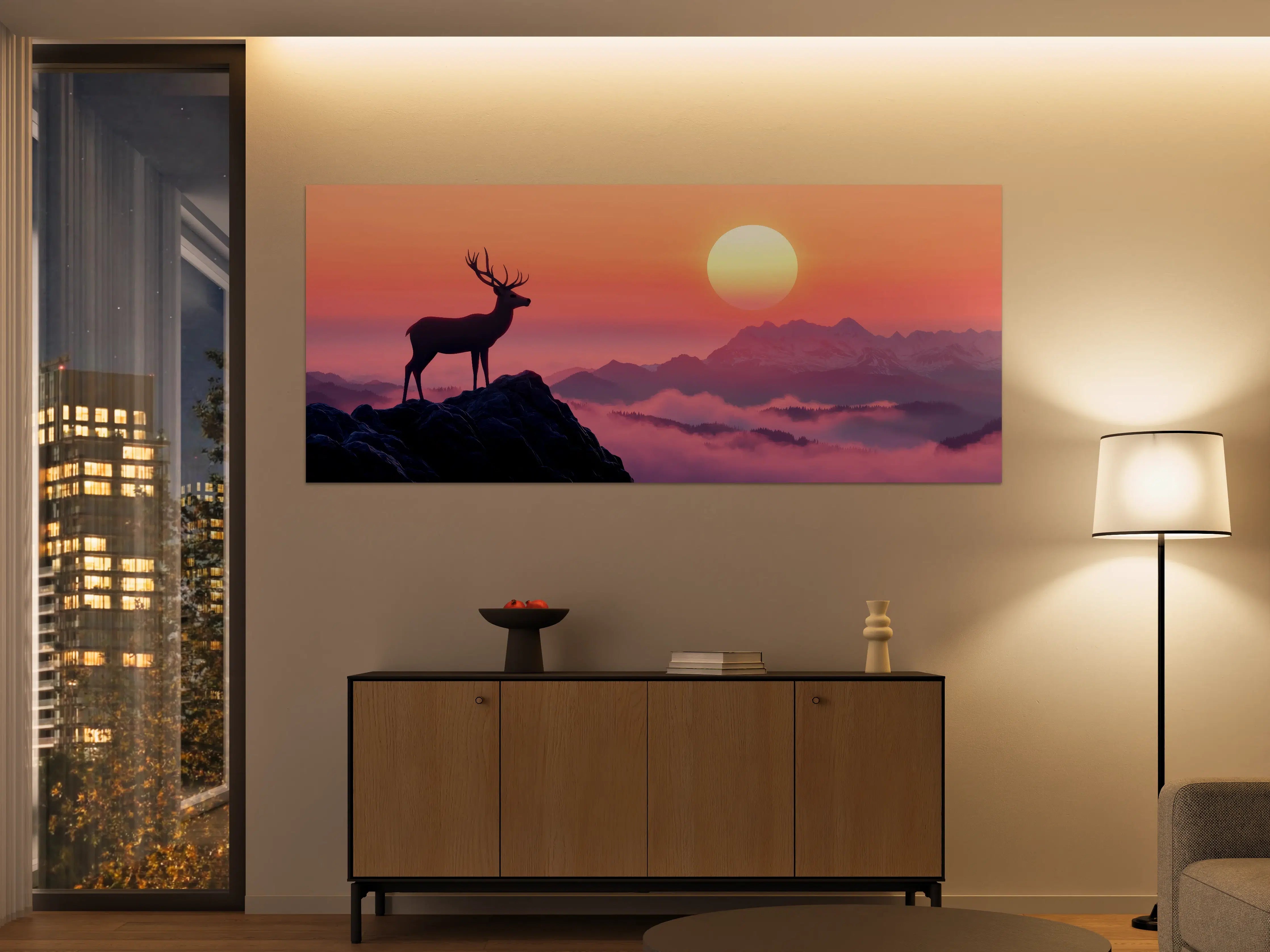 Große Wandbilder - Hirsch-Silhouette Sonnenaufgang Orange-Pink