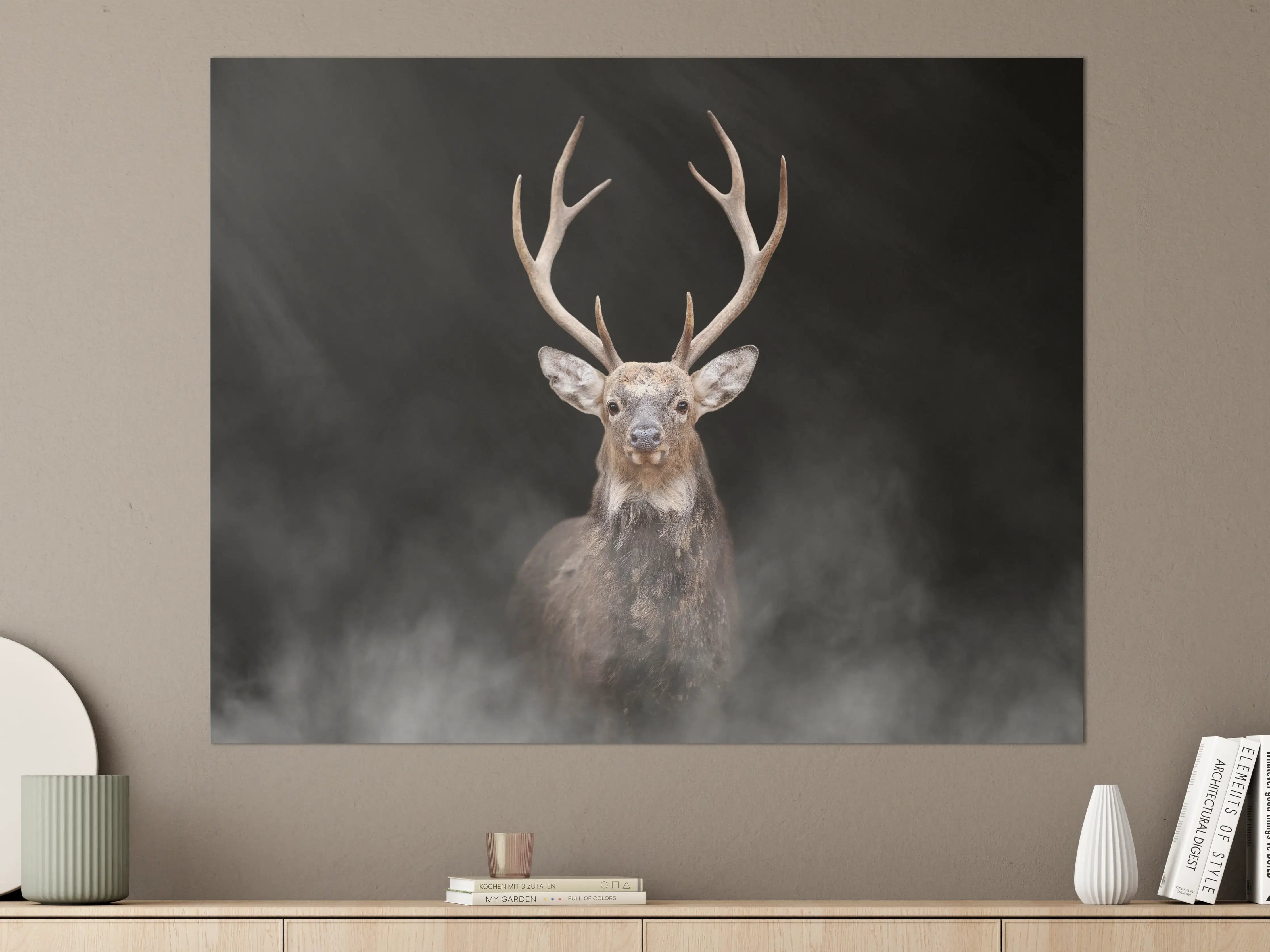 Große Wandbilder - Hirsch frontal im Nebel