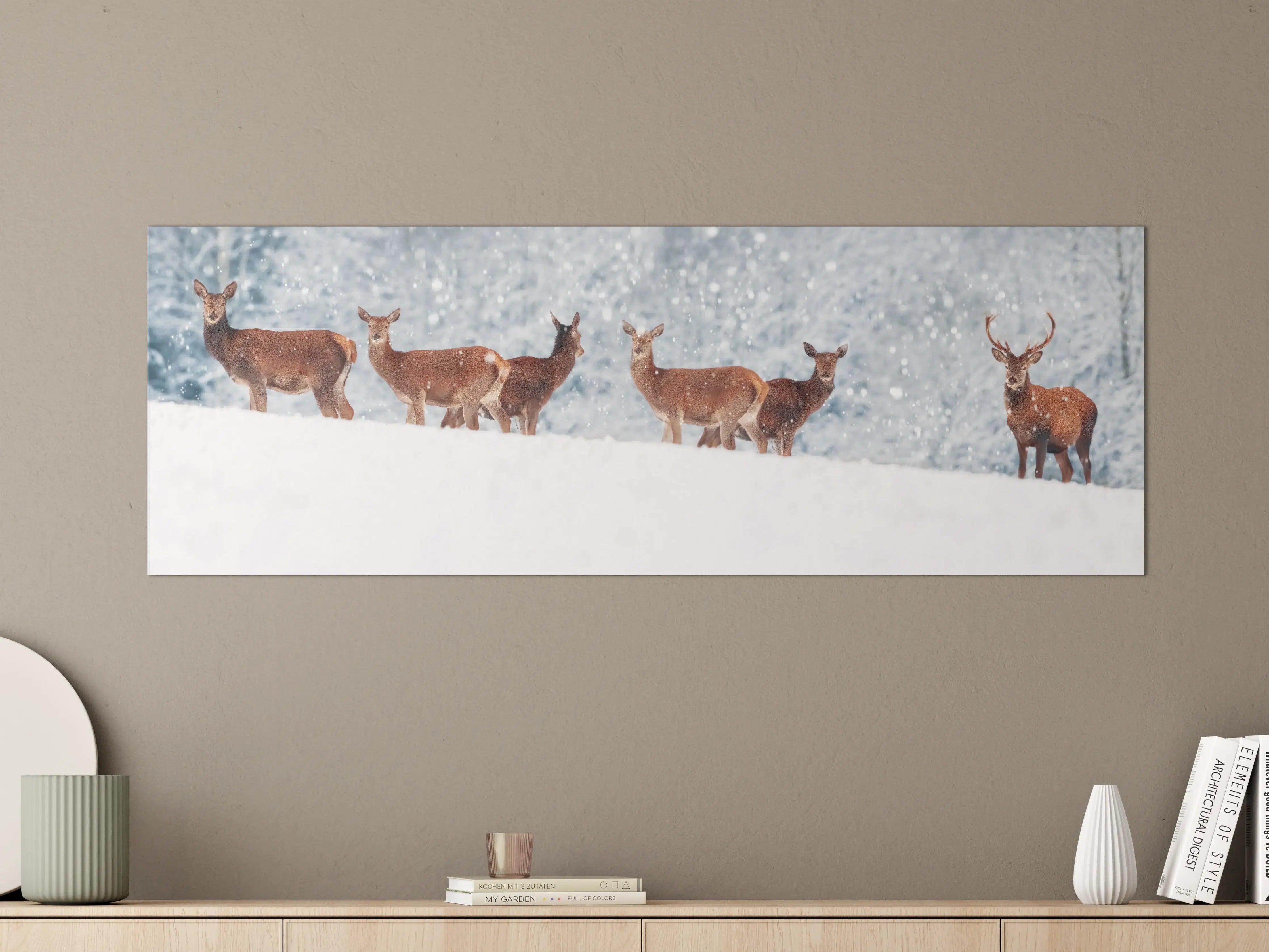 Große Wandbilder - Hirsche im weißen Winterpanorama