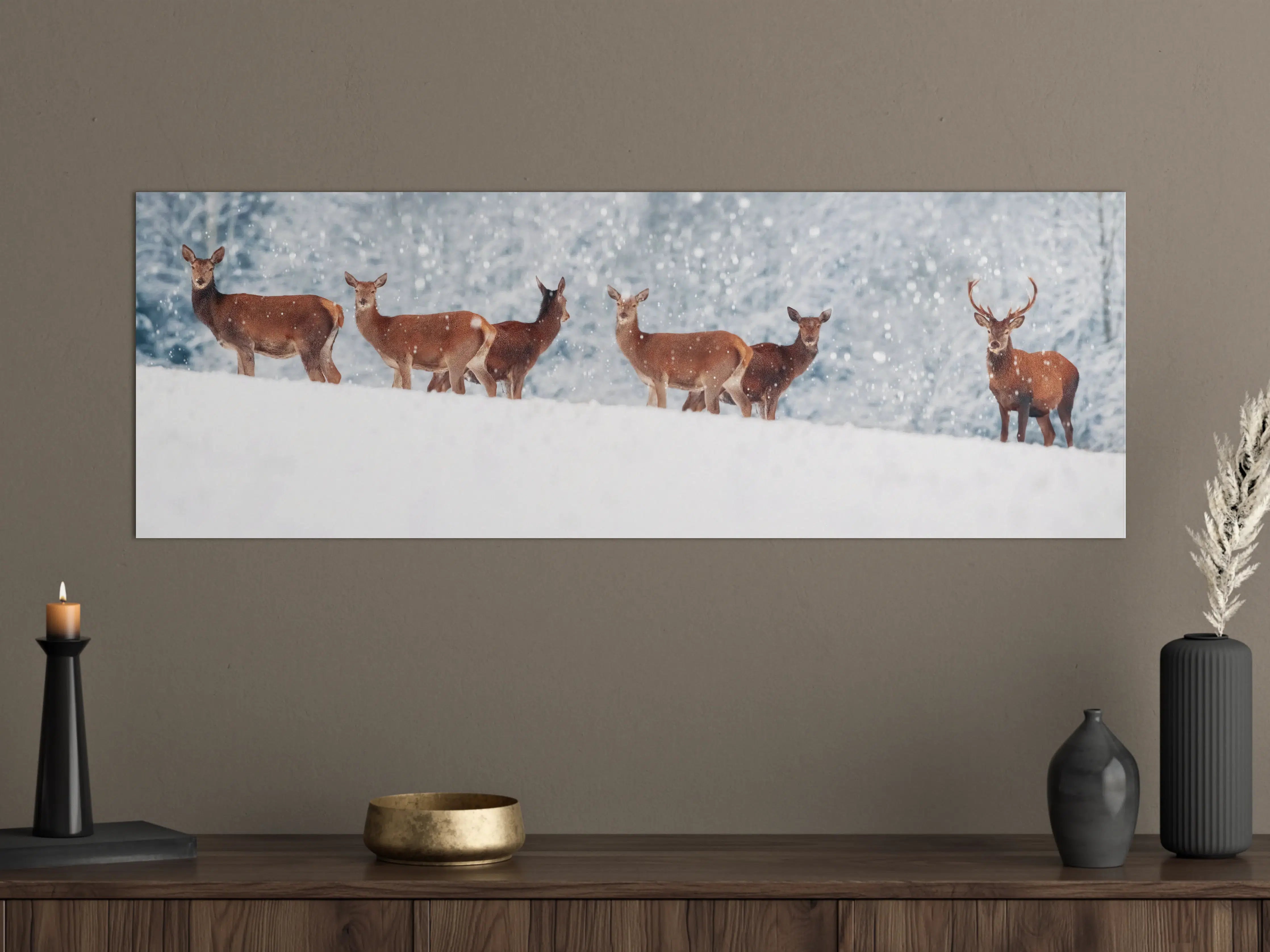 Große Wandbilder - Hirsche im weißen Winterpanorama
