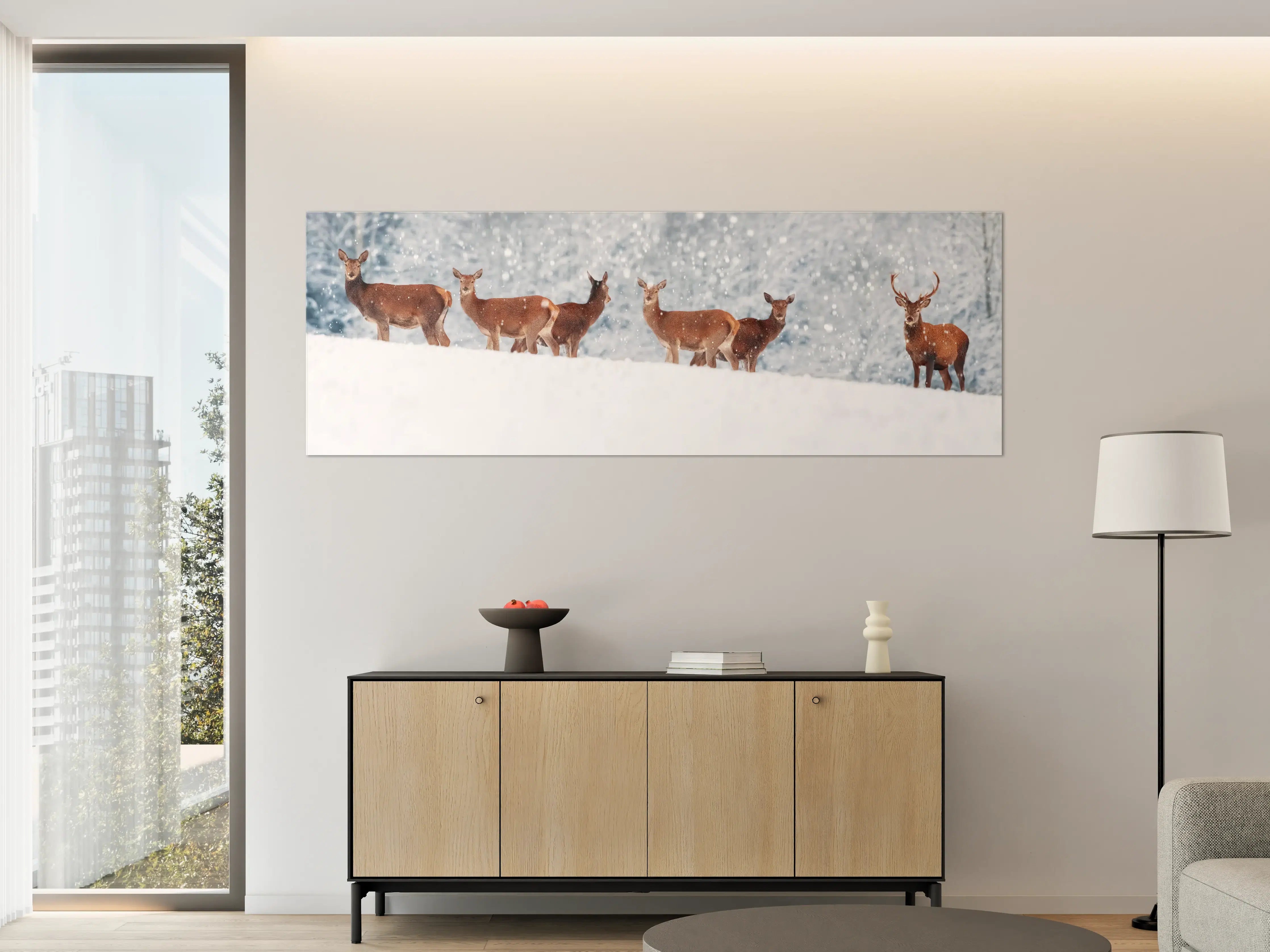 Große Wandbilder - Hirsche im weißen Winterpanorama