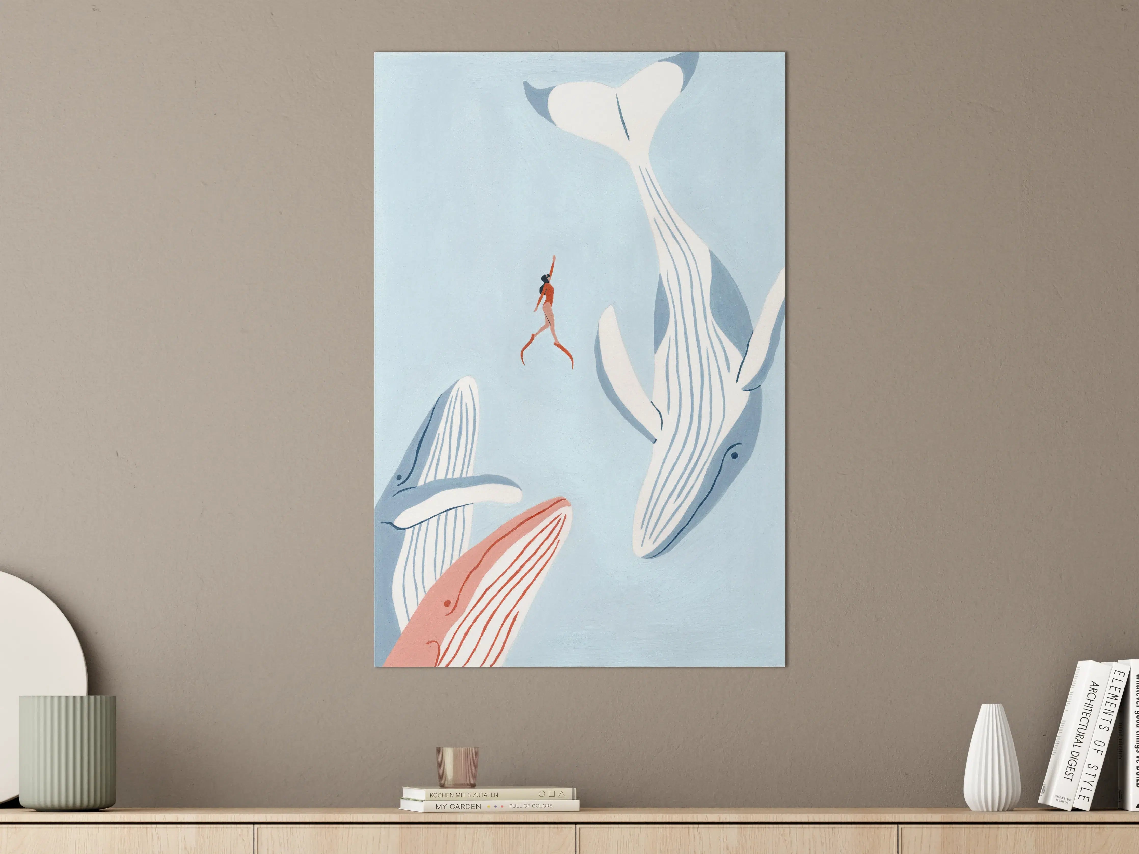 Große Wandbilder - Hochwertiges Wandbild mit Walen und Meerjungfrau in Blau