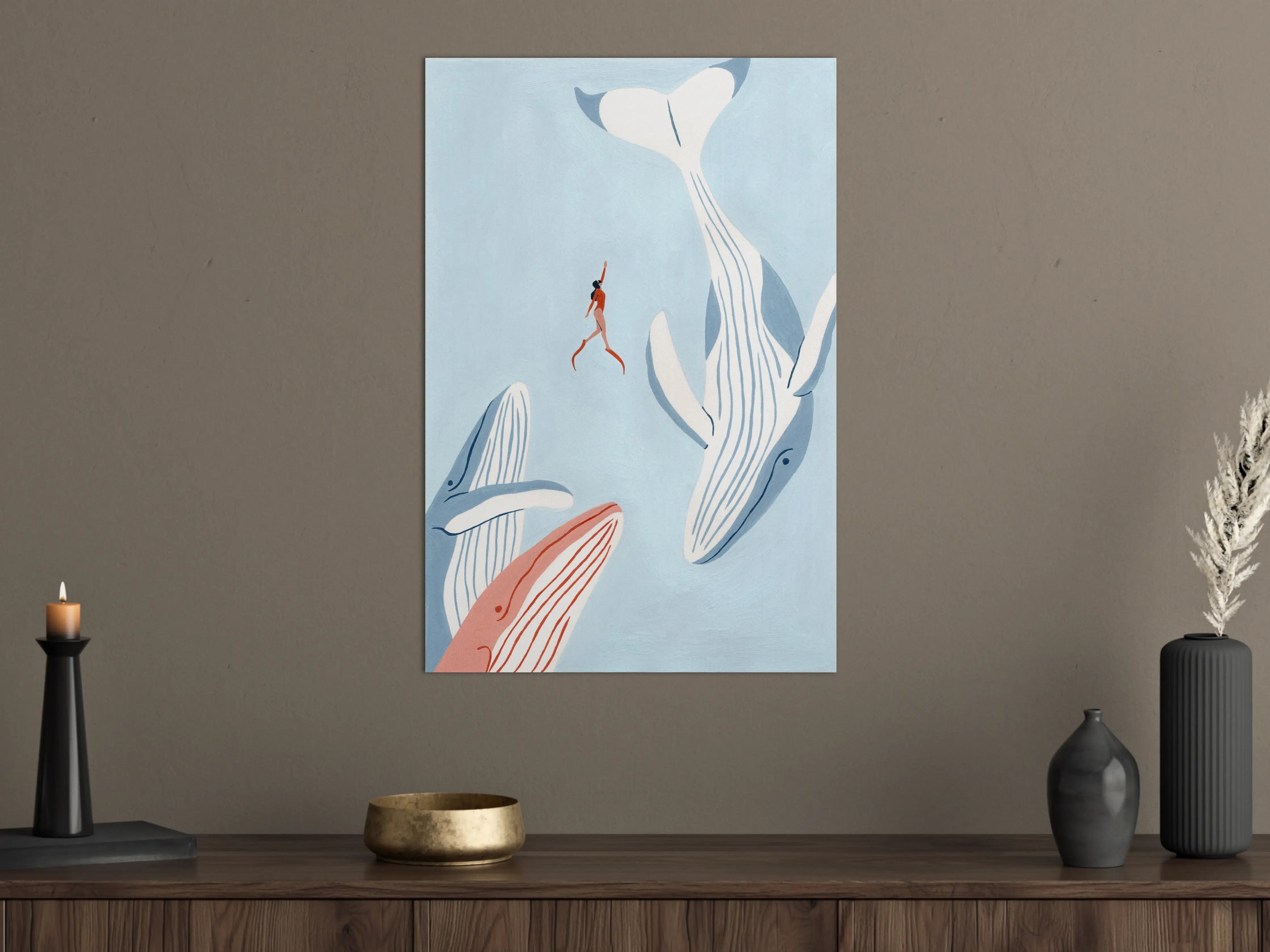 Große Wandbilder - Hochwertiges Wandbild mit Walen und Meerjungfrau in Blau