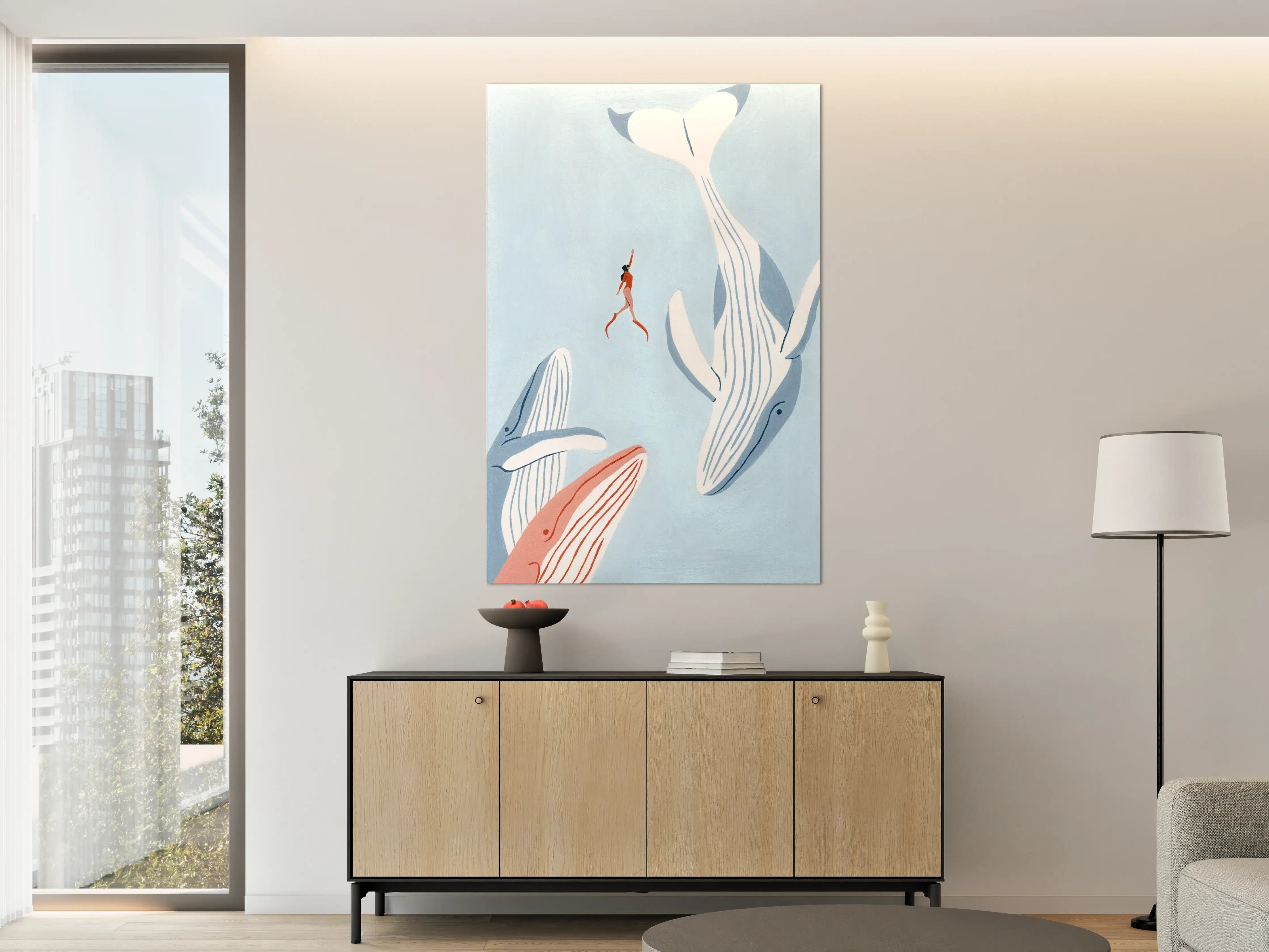 Große Wandbilder - Hochwertiges Wandbild mit Walen und Meerjungfrau in Blau