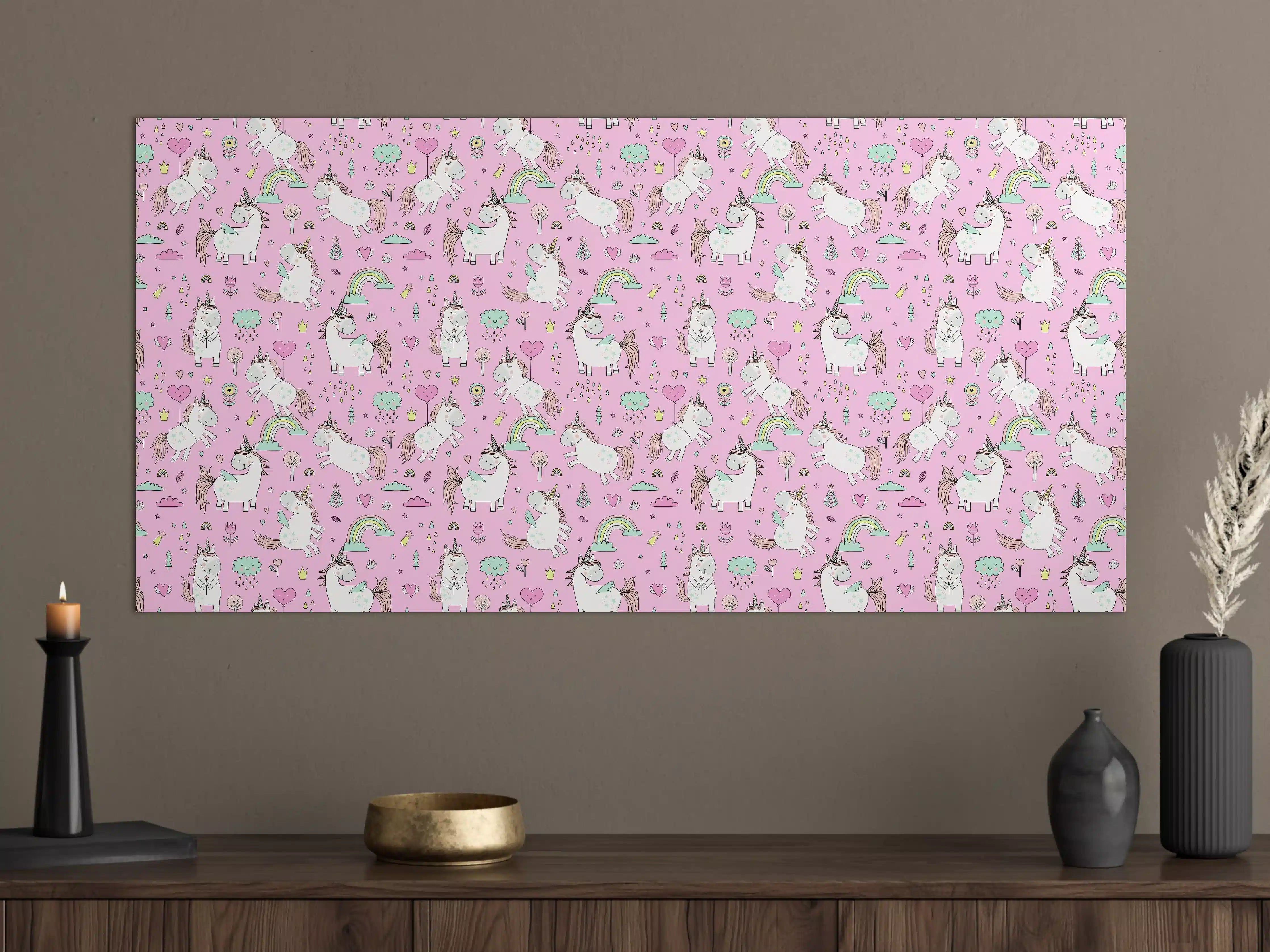 Große Wandbilder - Hochwertiges, verspieltes Einhorn-Muster in Pastellrosa