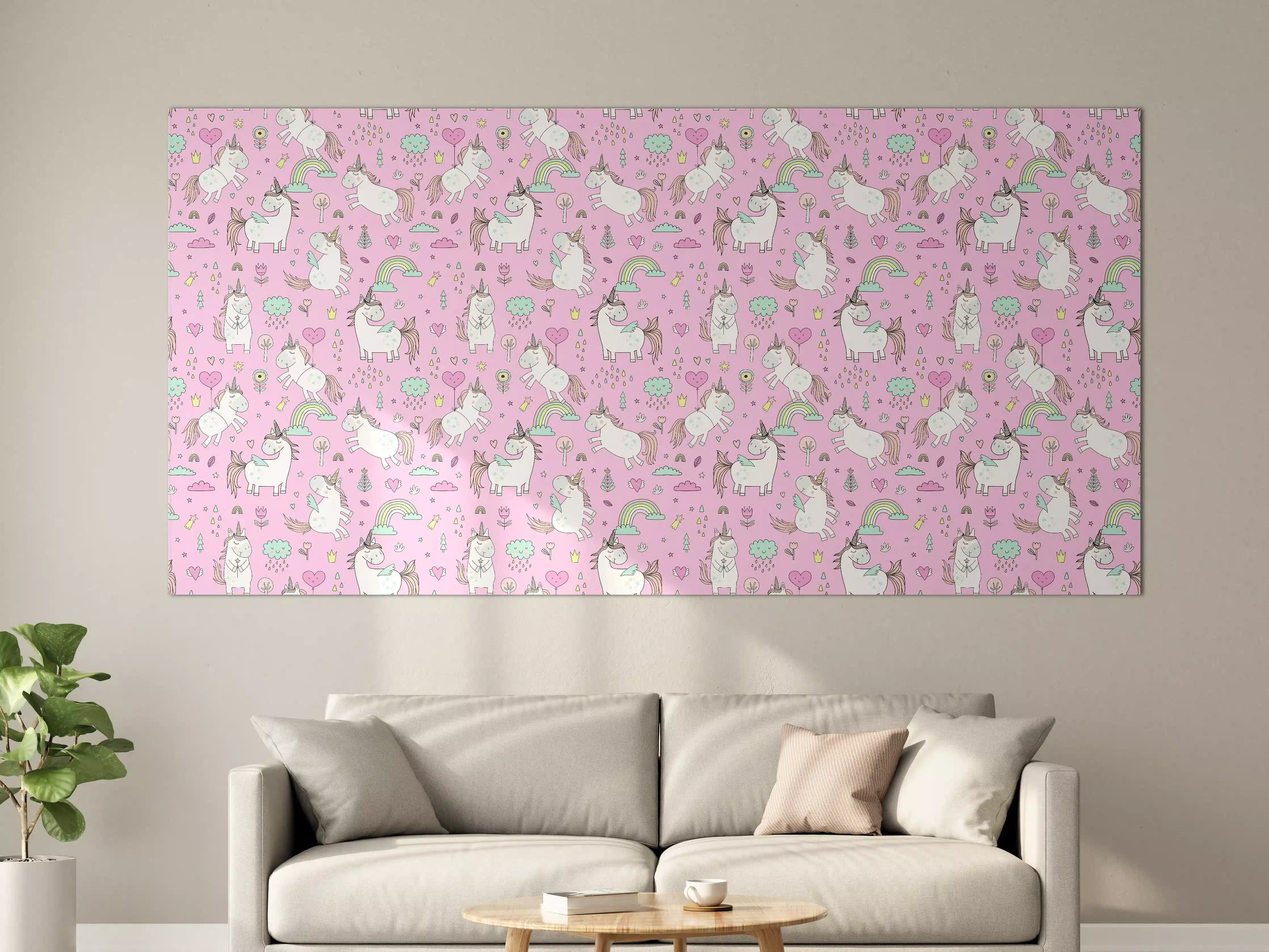 Große Wandbilder - Hochwertiges, verspieltes Einhorn-Muster in Pastellrosa