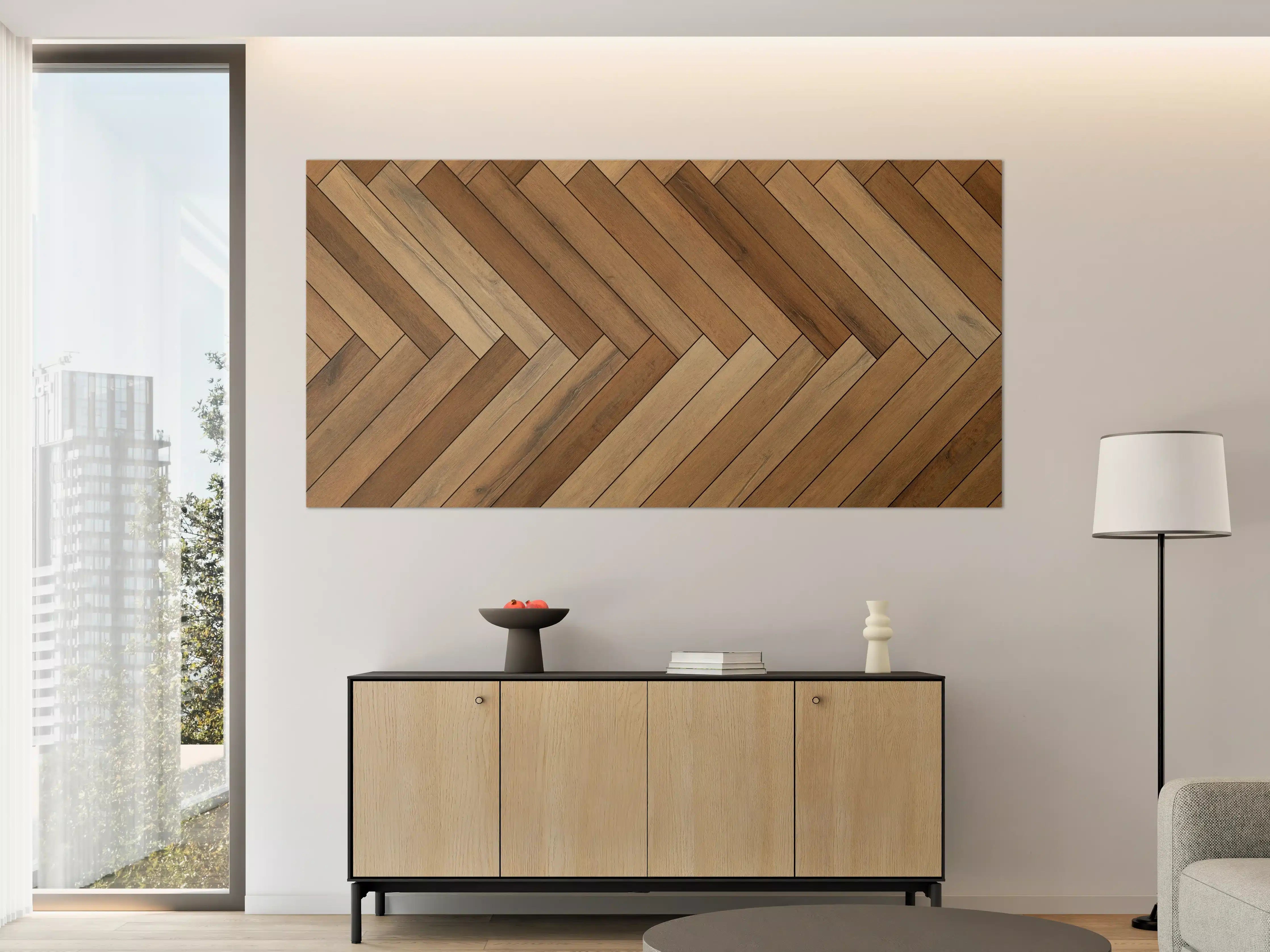 Große Wandbilder - Hölzernes Bodendesign mit diagonalen Linien