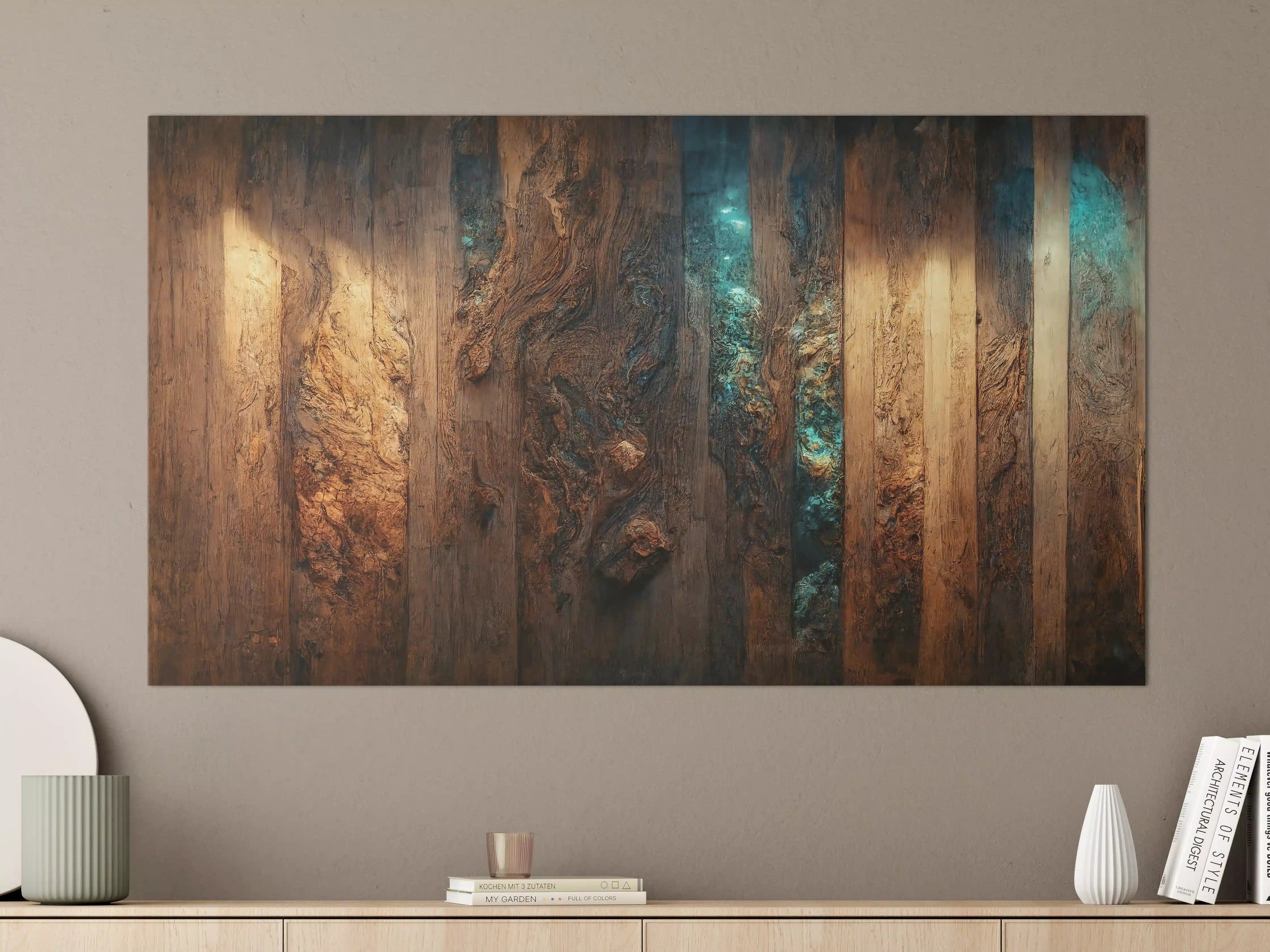 Große Wandbilder - Holztisch mit blauen Epoxidharz